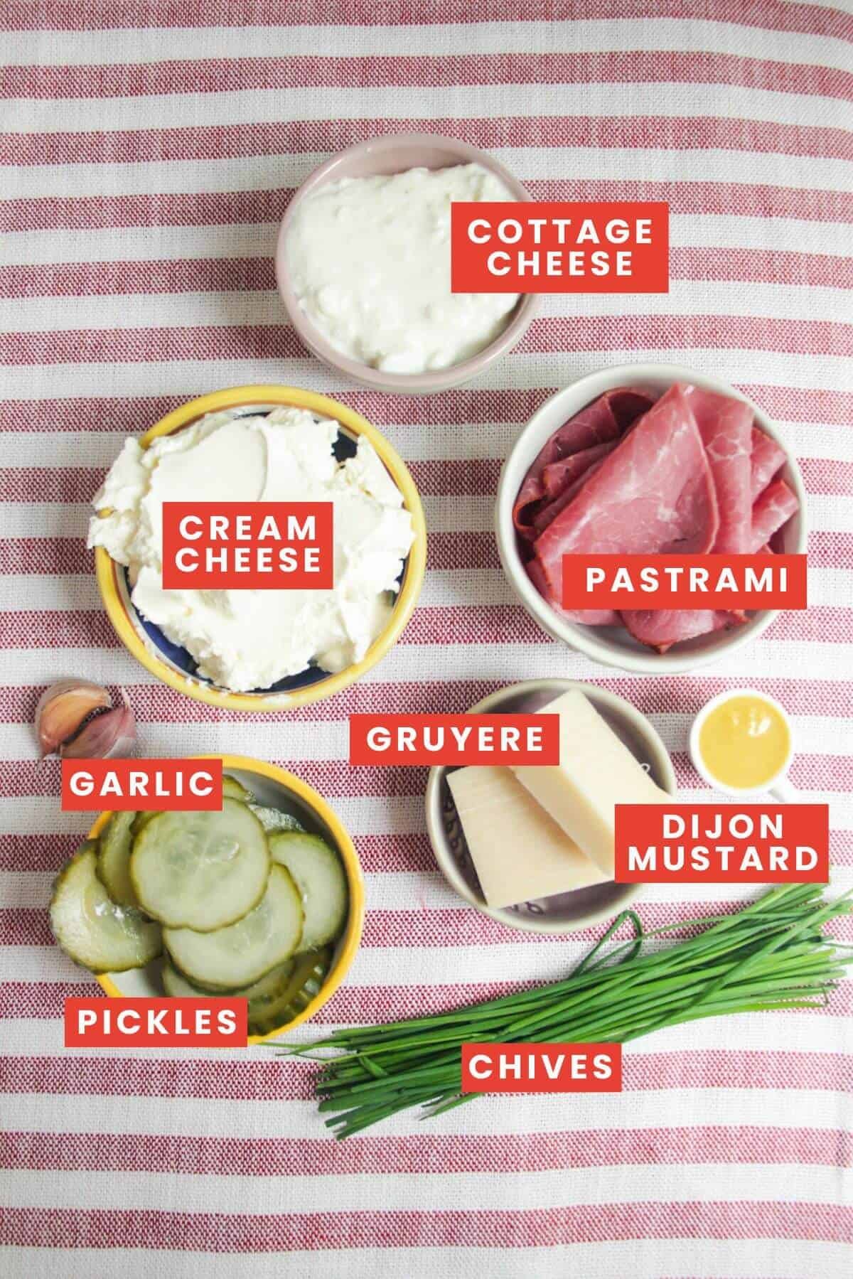 Ingredients for pastrami dip laid out and labelled.