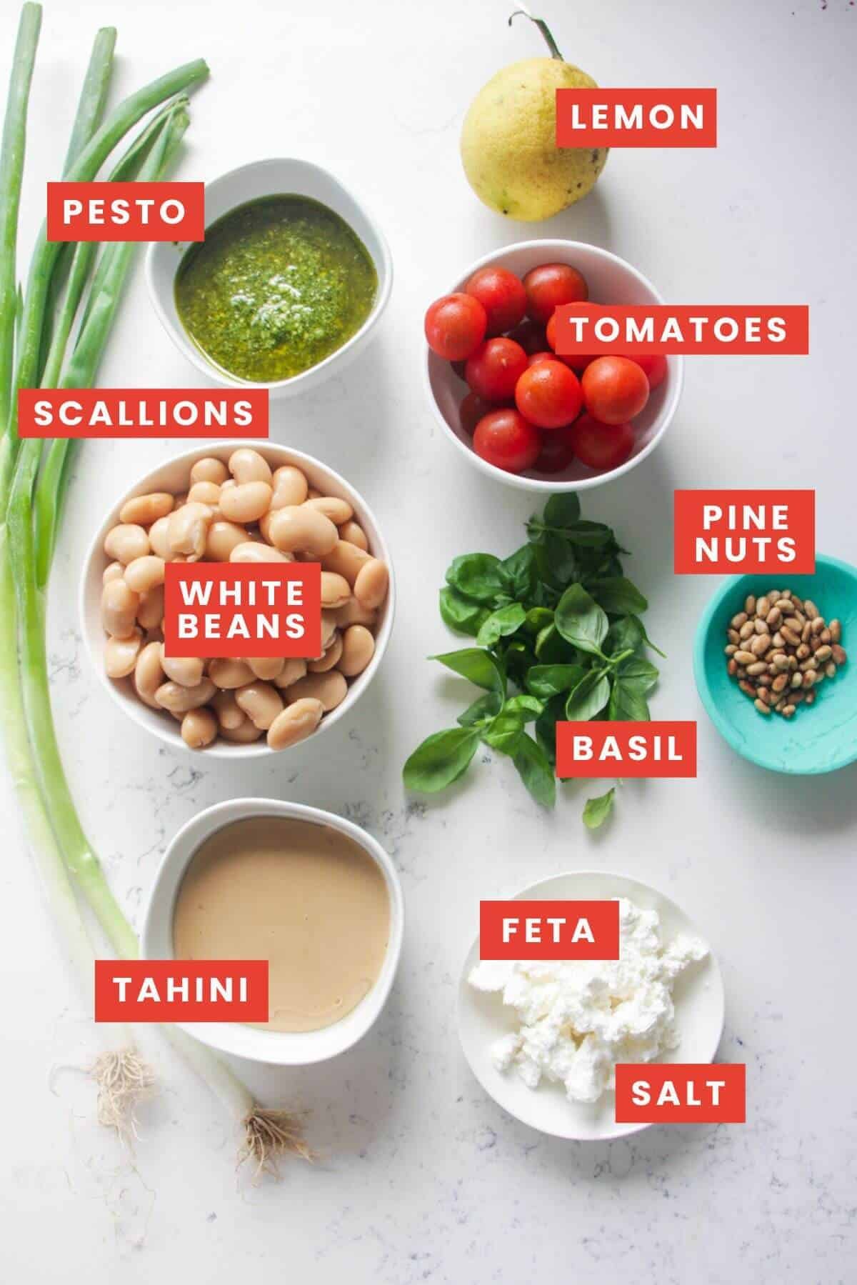 Ingredient for Mediterranean bean salad on a white marble background and labelled.