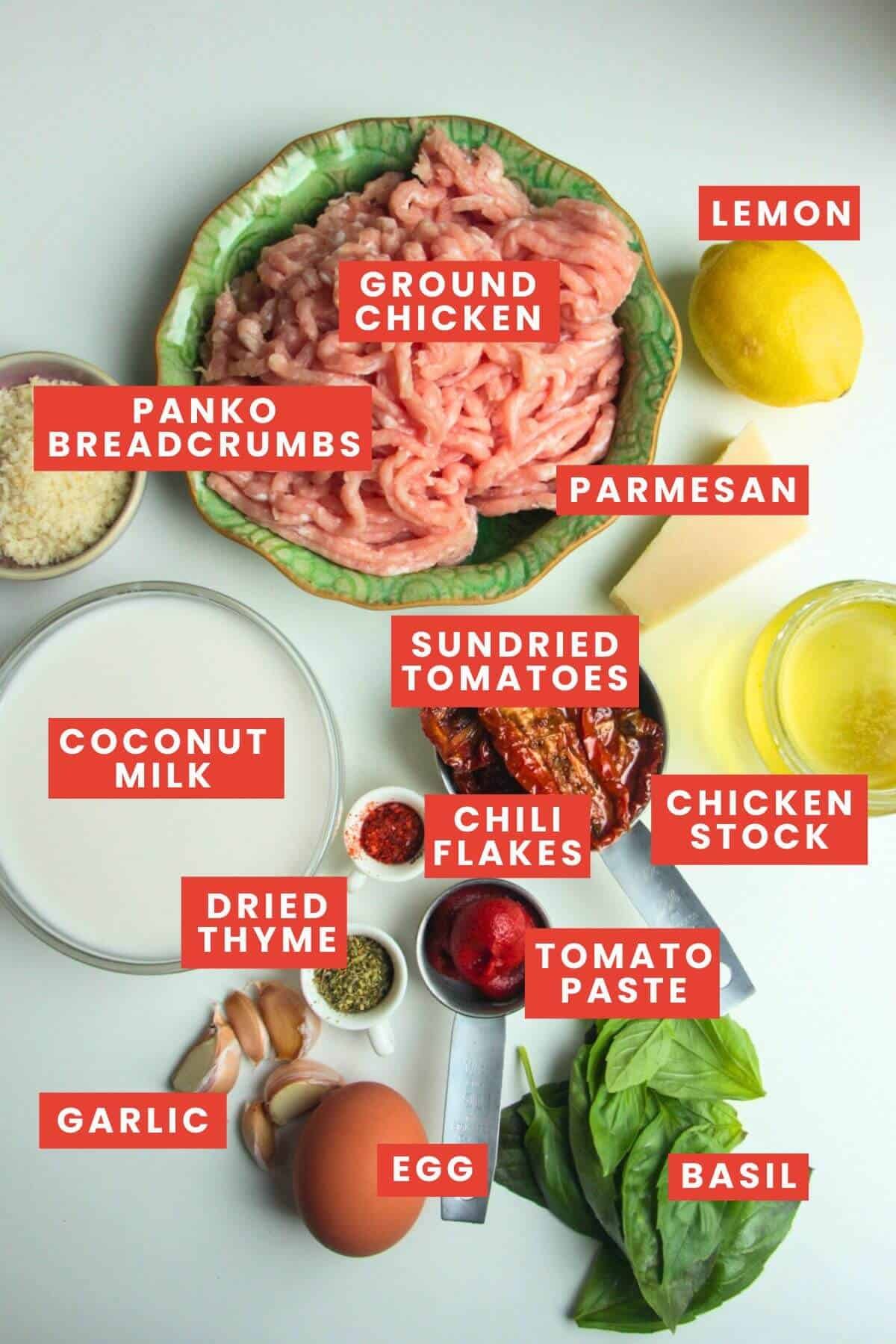 Ingredients for 'Marry Me' chicken meatballs laid out and labelled.