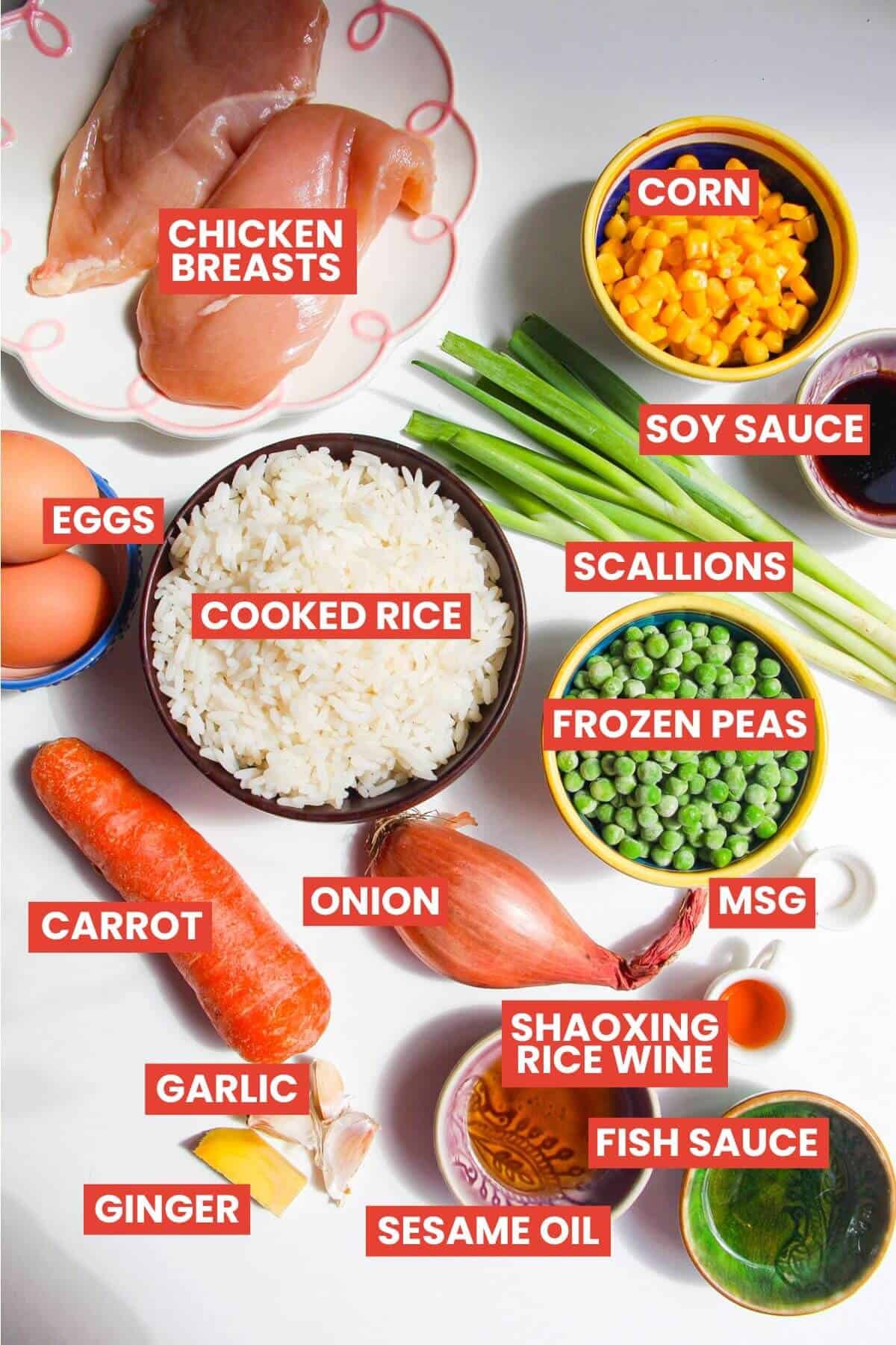 Ingredients for air fryer fried rice laid out and labelled.