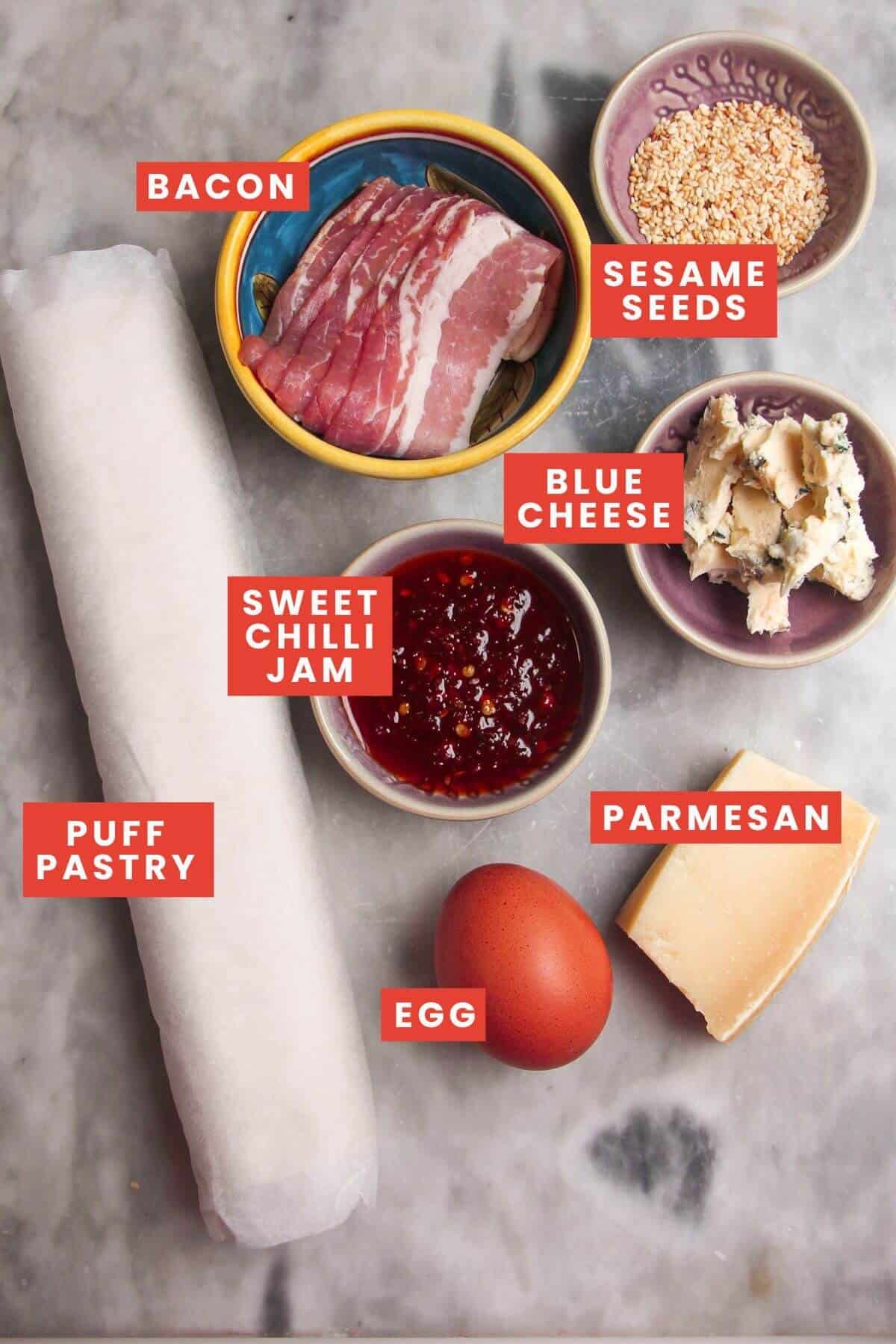 Ingredients for bacon blue cheese straws labelled.