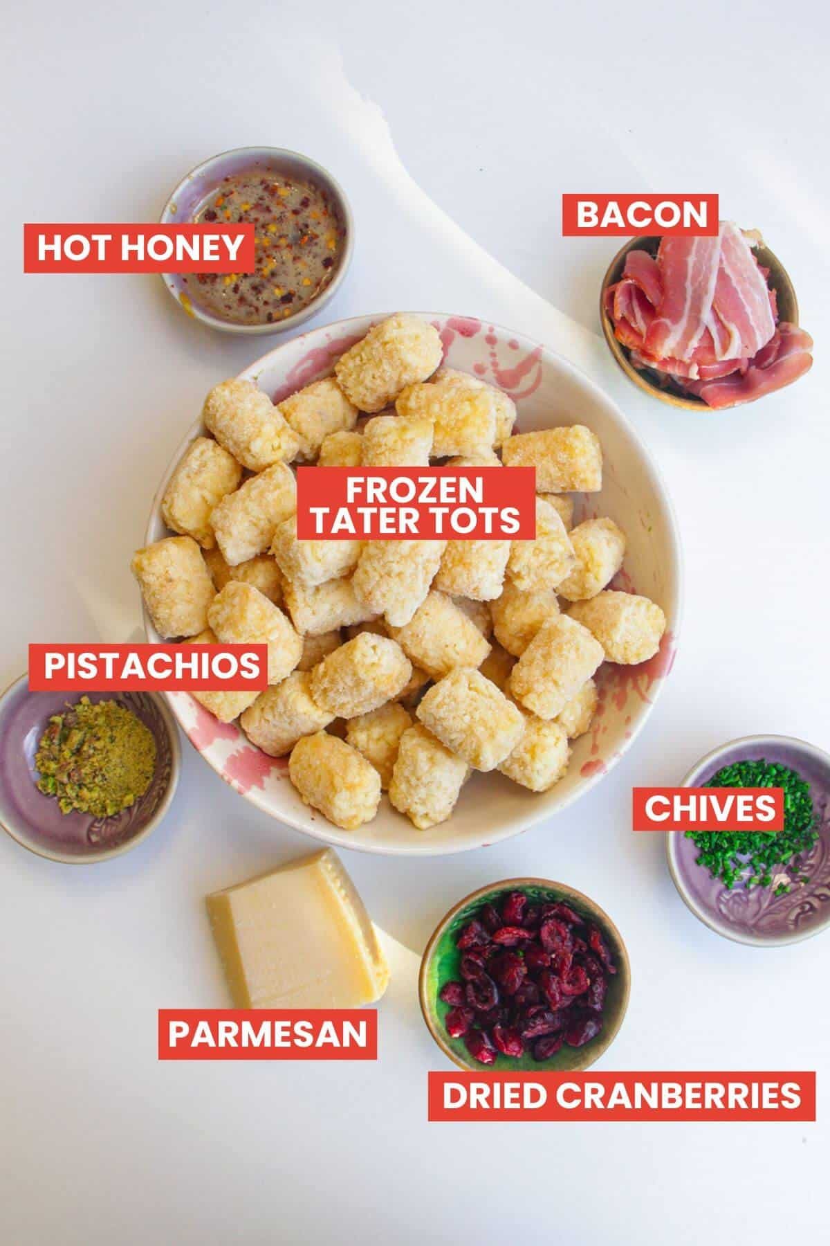 Ingredients for bacon wrapped tater tots laid out and labelled.