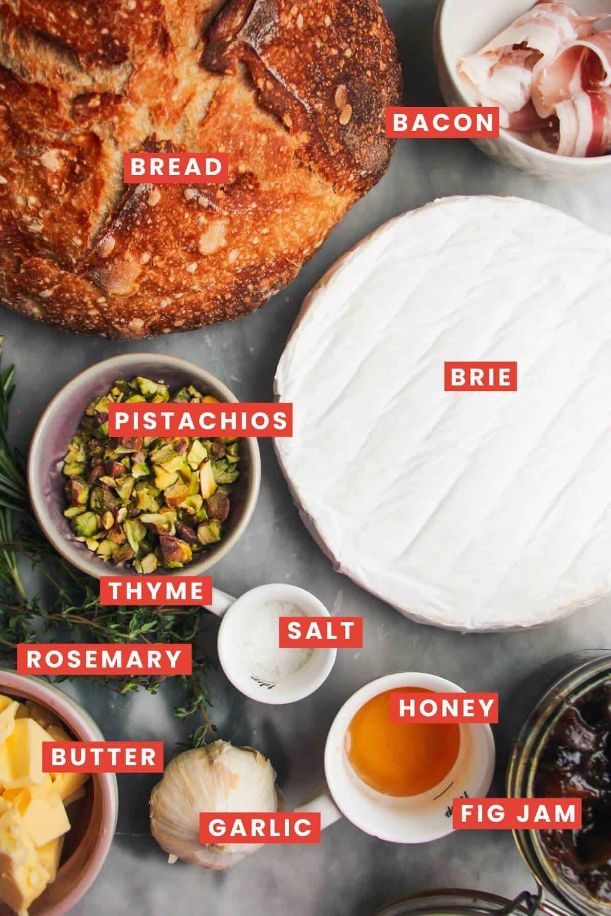 Ingredients for baked brie laid out and labelled.