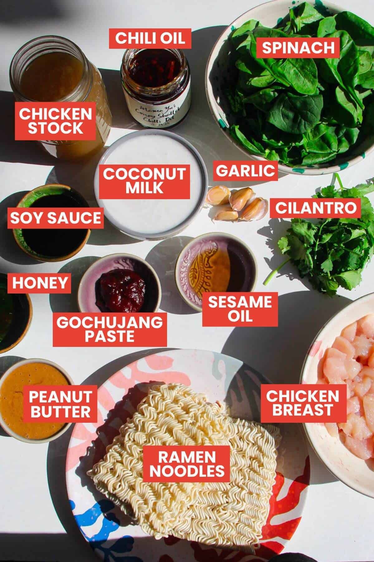 Ingredients for satay baked ramen laid out and labelled.