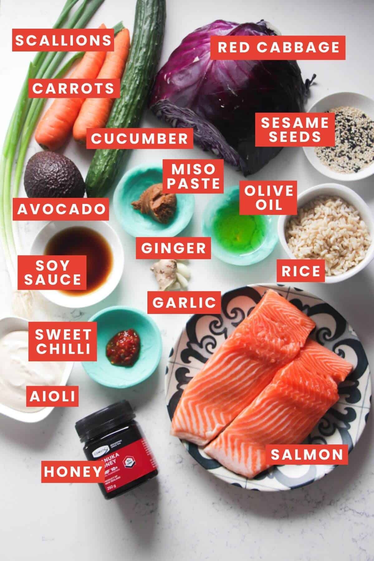 Ingredients for salmon poke bowls laid out and labelled.