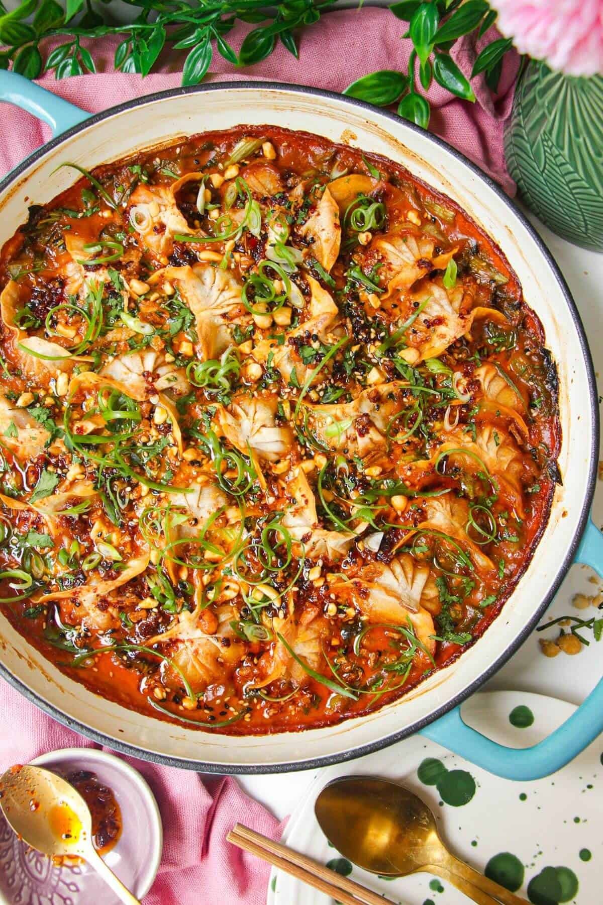 One Pan Baked Satay Dumplings