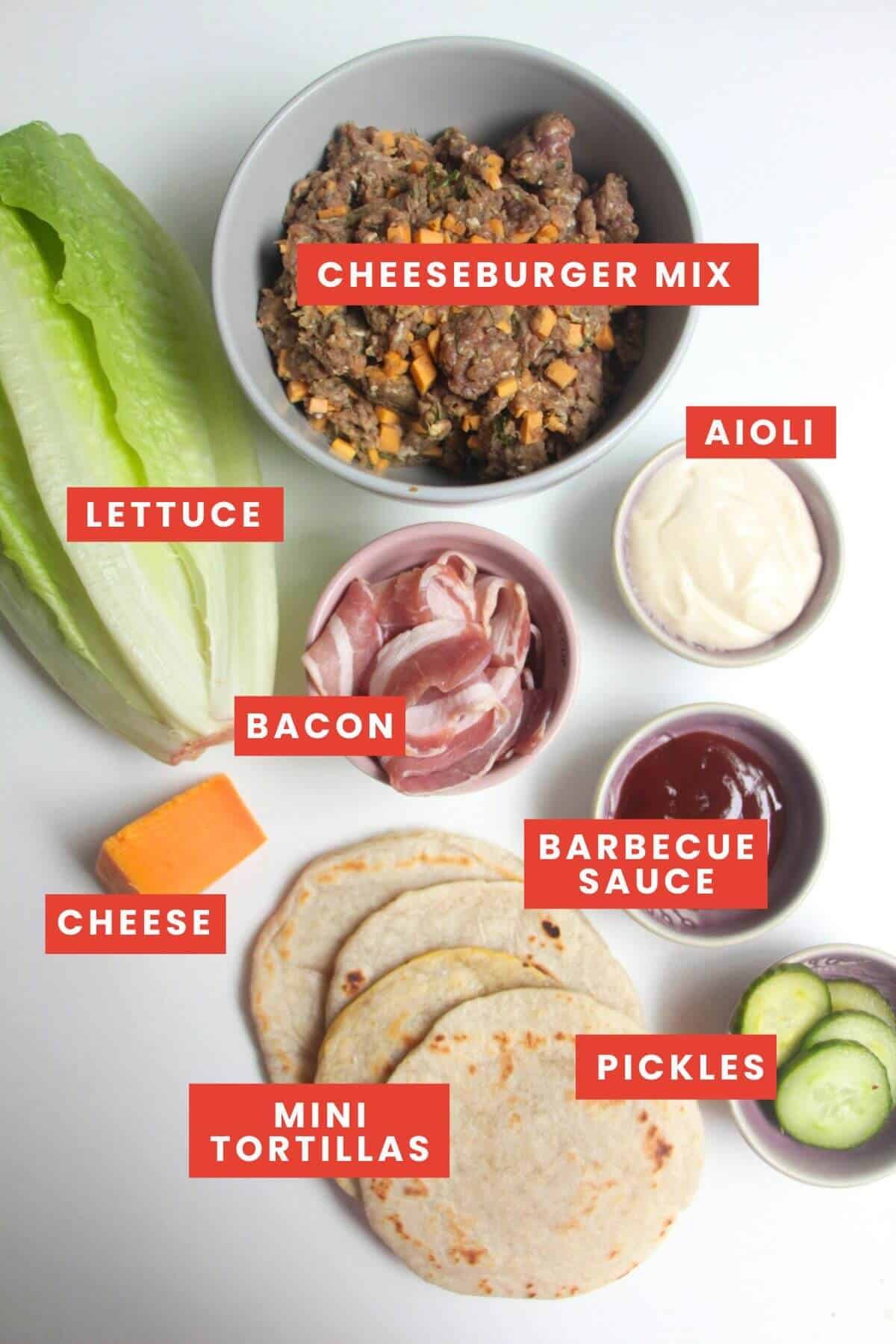 BBQ bacon cheeseburger taco ingredients laid out and labelled.