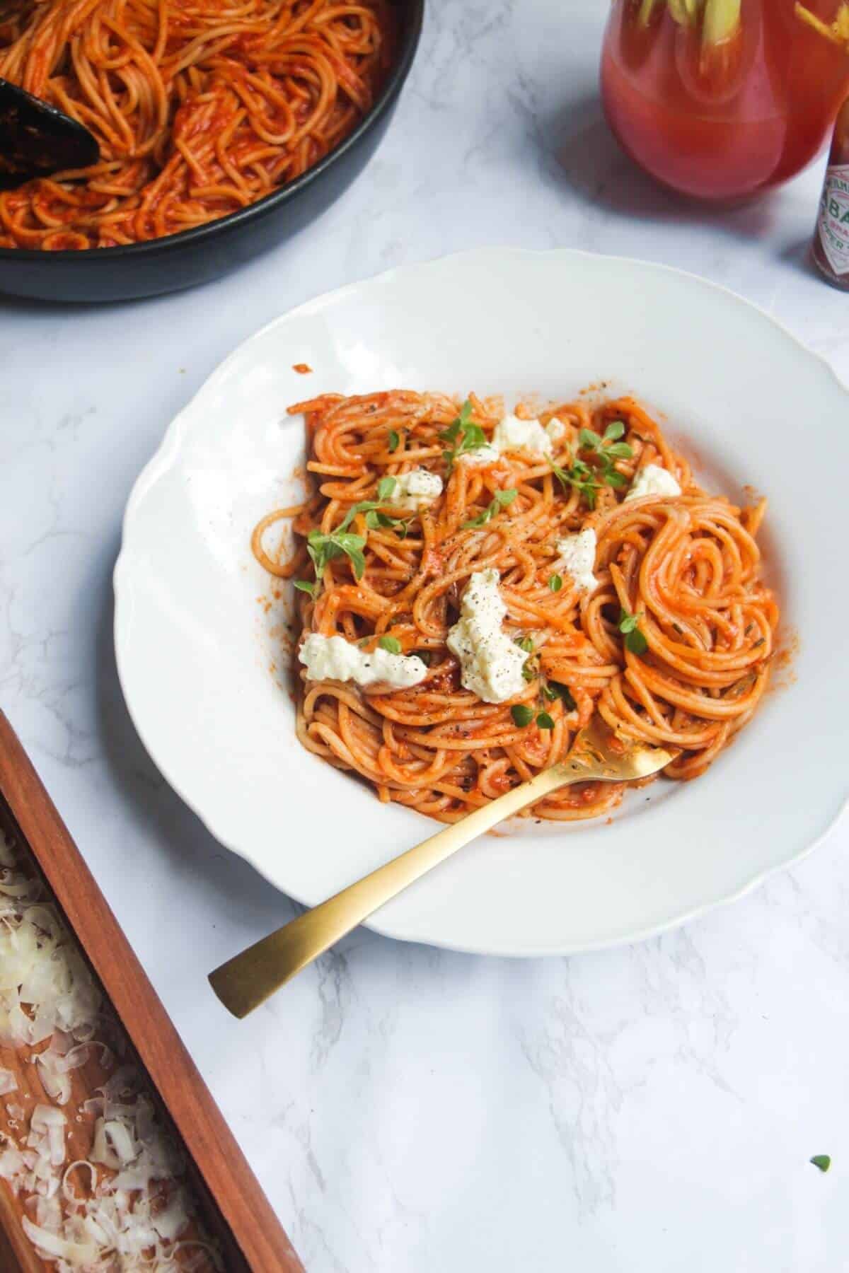 Bloody Mary Pasta with Cheat’s Burrata