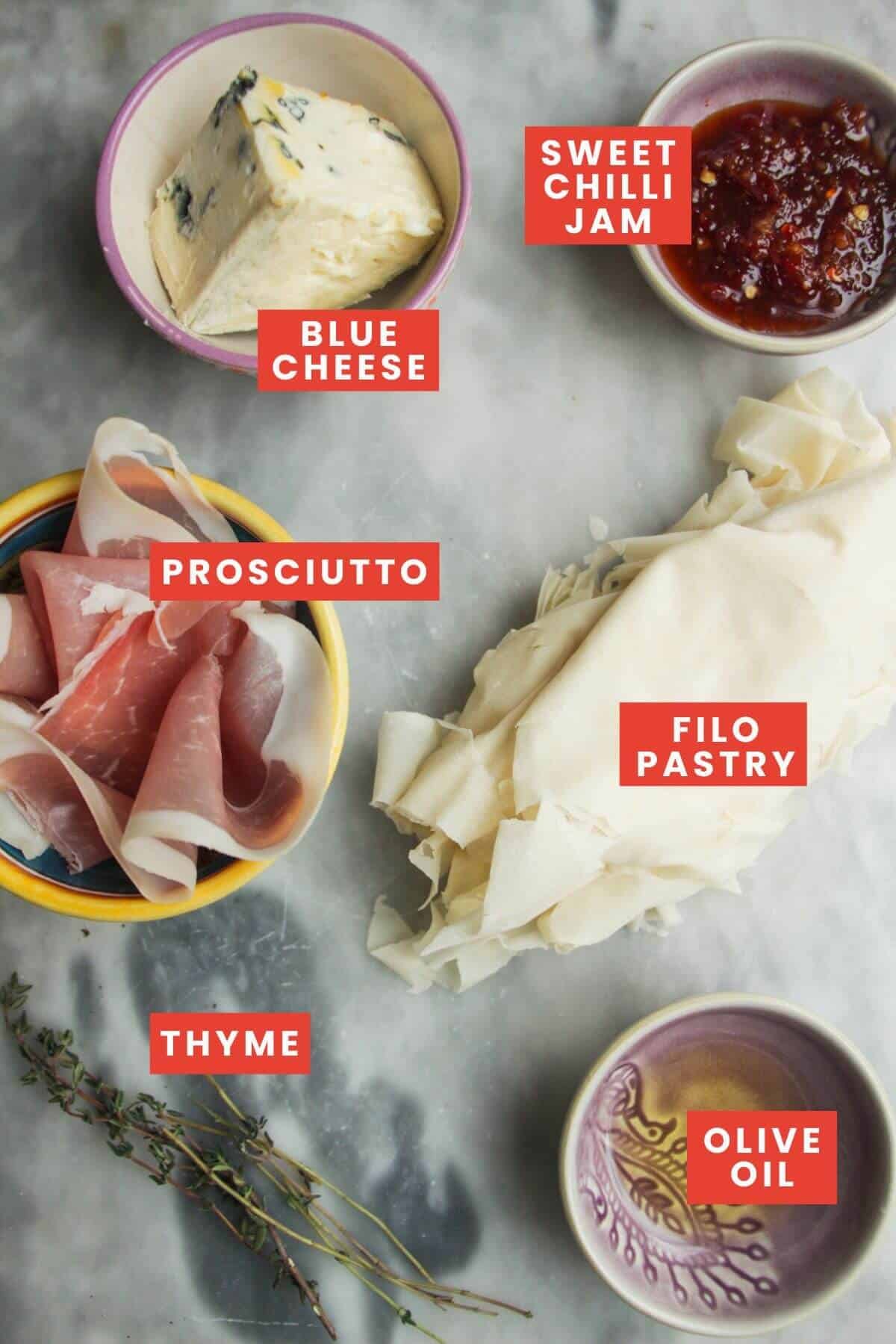 Ingredients for blue cheese filo cups laid out and labelled.