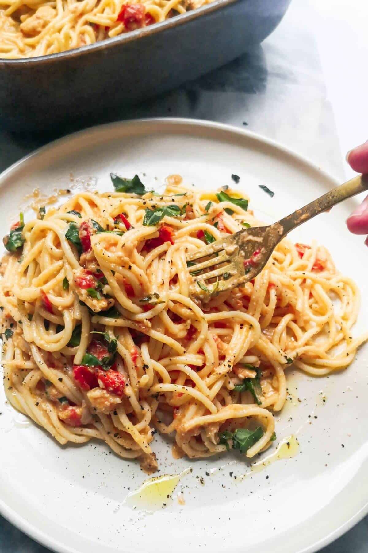 Fork in a plate of baked tomato and burrata pasta.