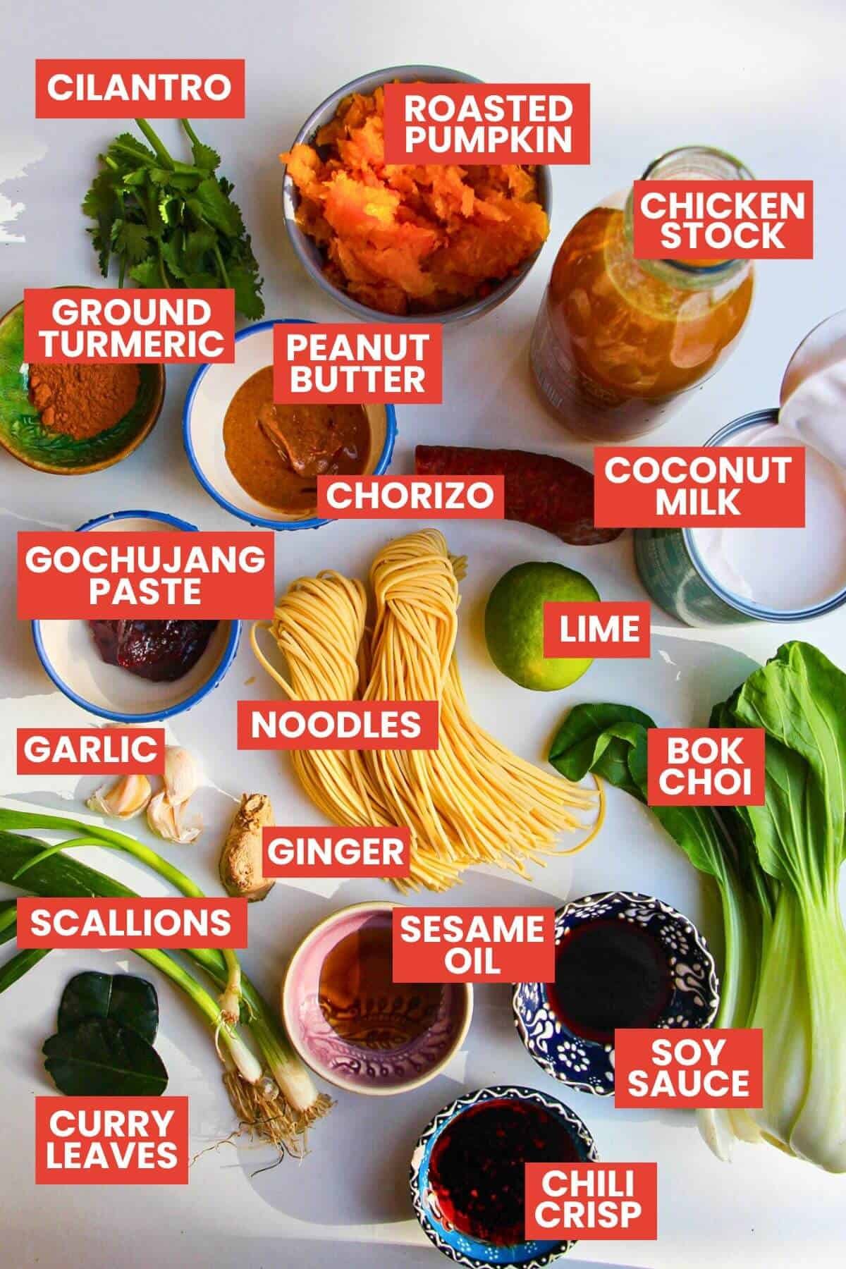 Ingredients for butternut squash ramen laid out and labelled.