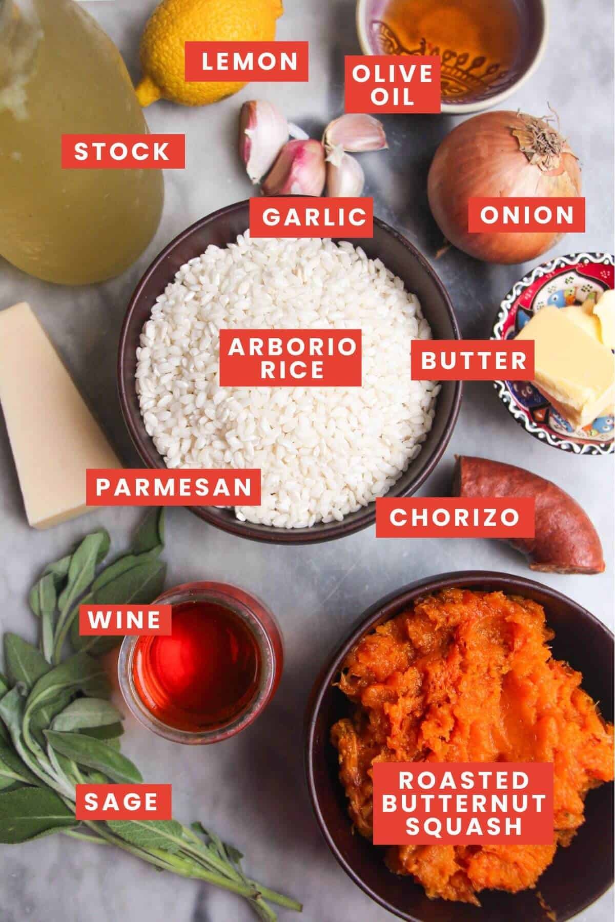 Ingredients for butternut squash risotto laid out and labelled.
