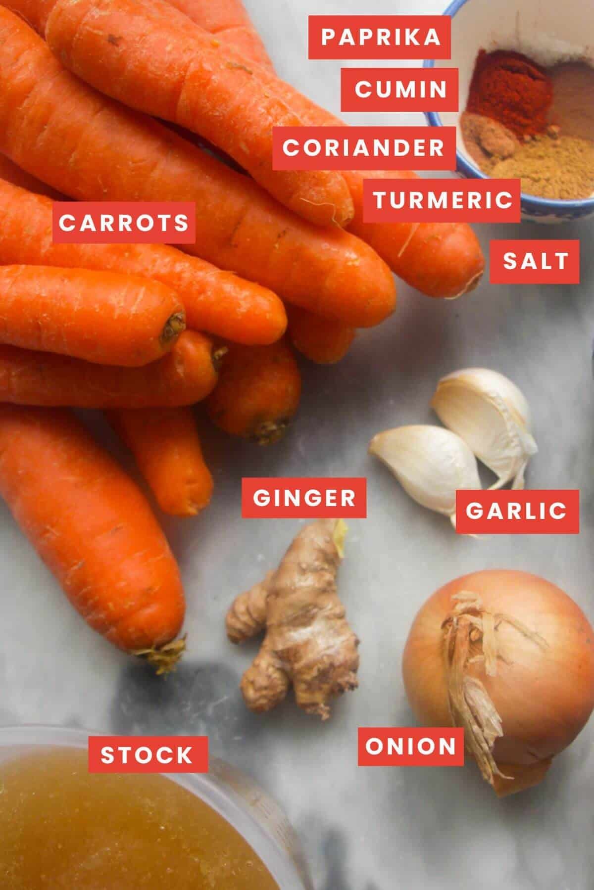 Ingredients for carrot coriander soup laid out on a grey marble background and labelled.