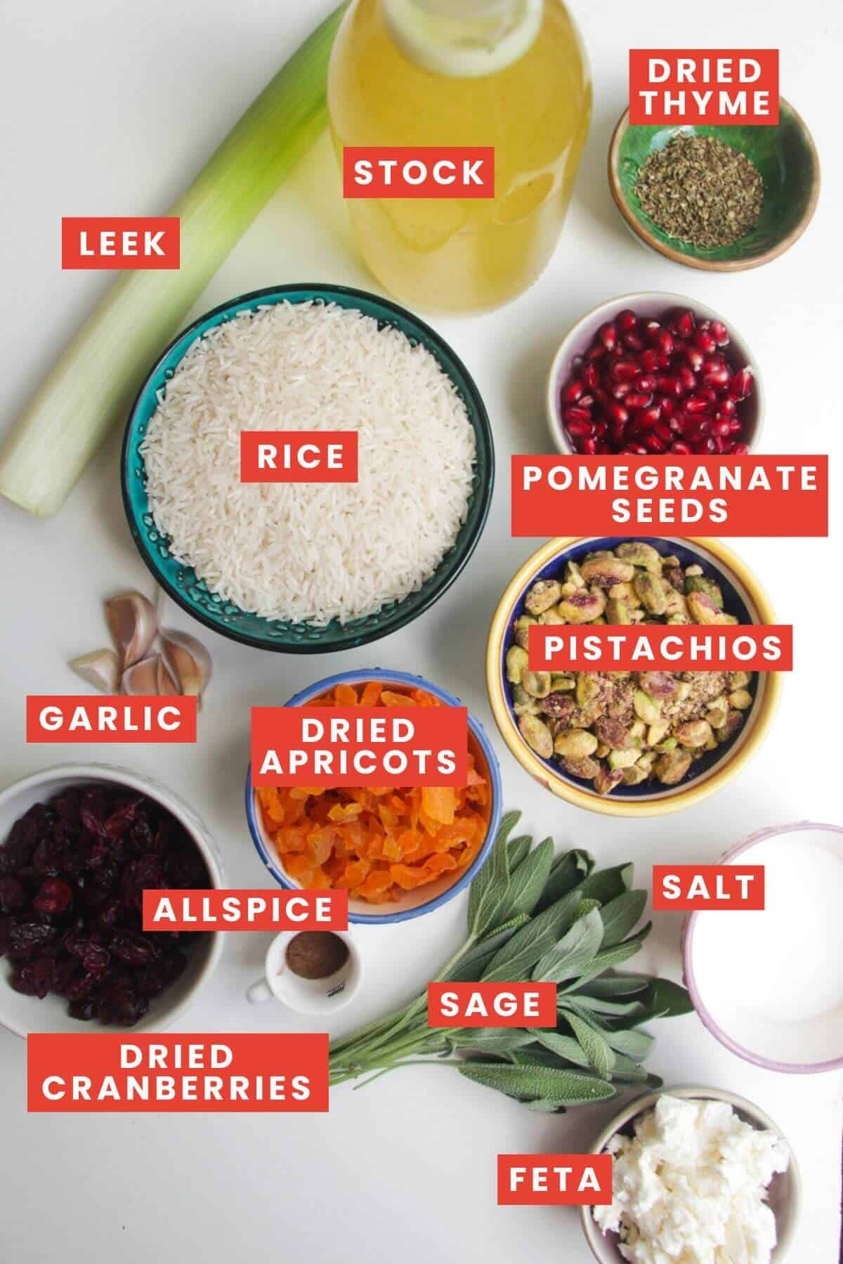 Ingredients for celebration baked rice laid out and labelled.