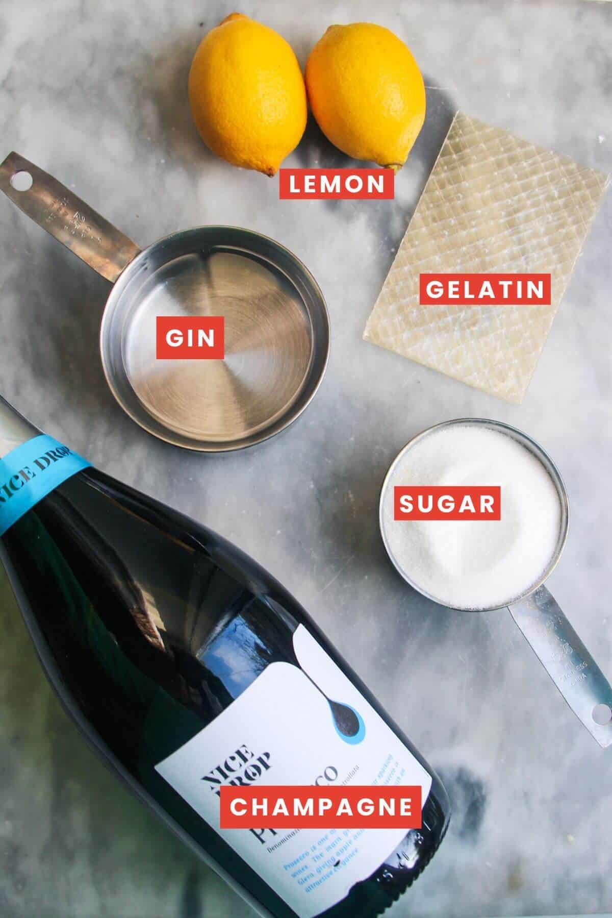 Ingredients for champangne jello shots laid out and labelled.