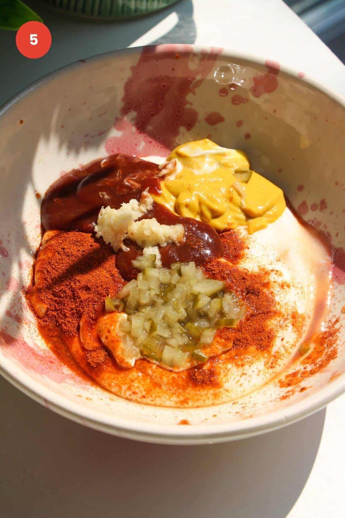 Ingredients for high protein burger sauce in a bowl.