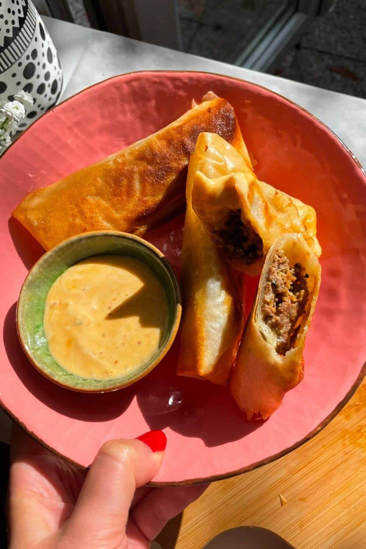 Three cheeseburger spring rolls in a pink plate.
