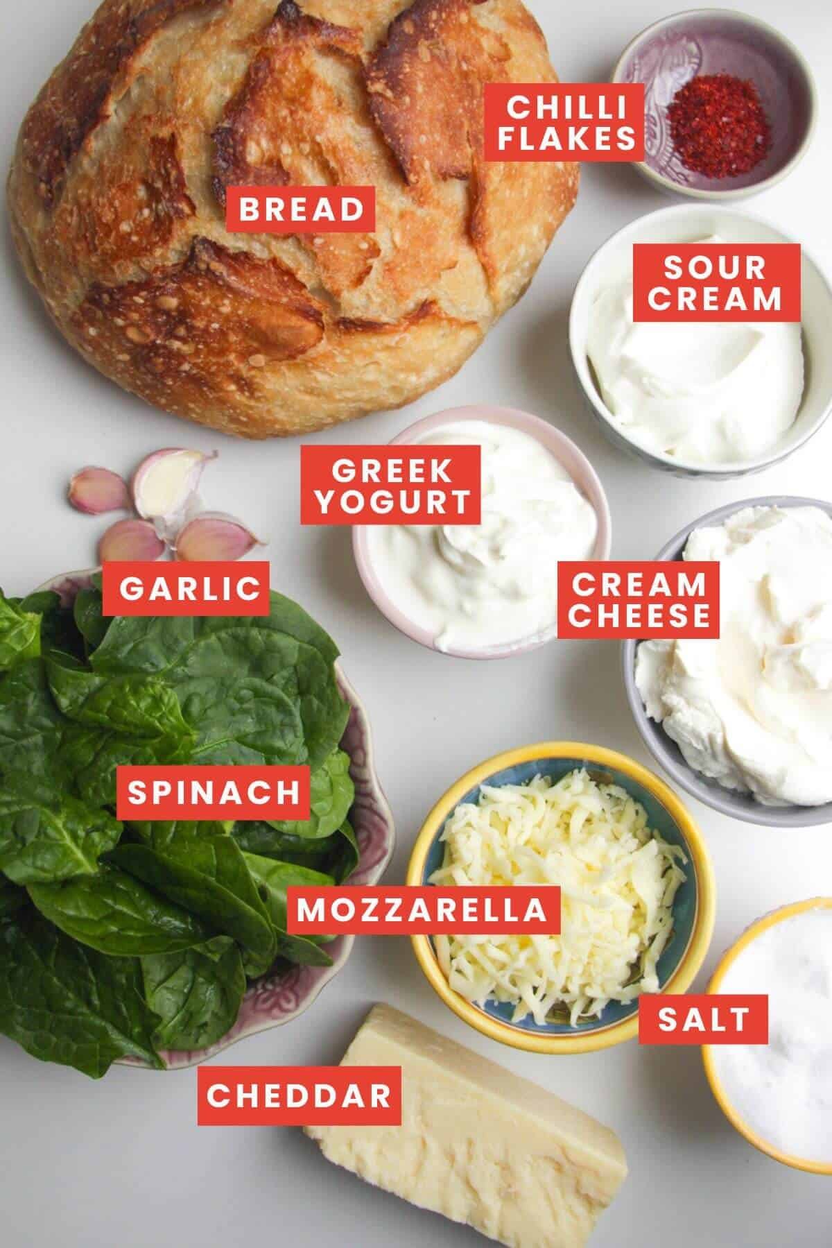 Ingredients for spinach cob loaf bread bowl laid out and labelled.