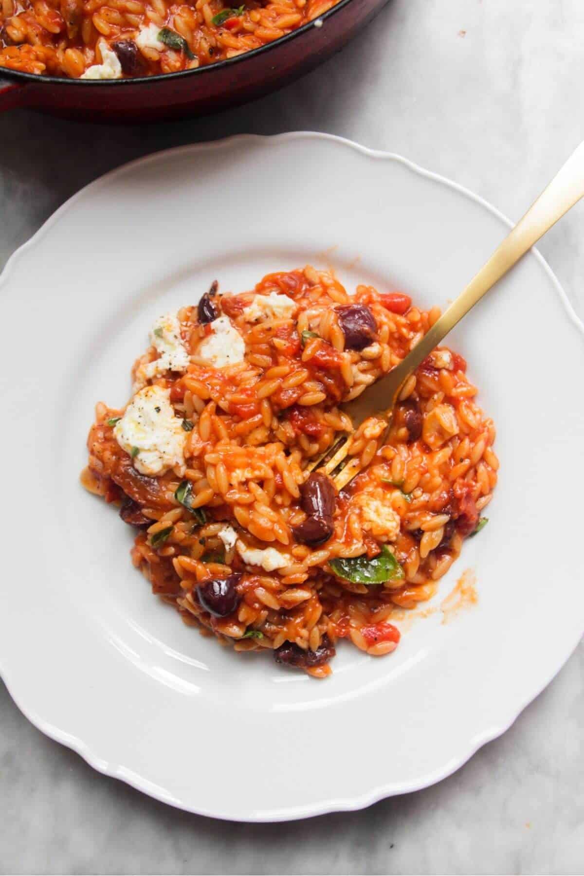 Tomato orzotto on a white plate with pan of more orzo in the background.