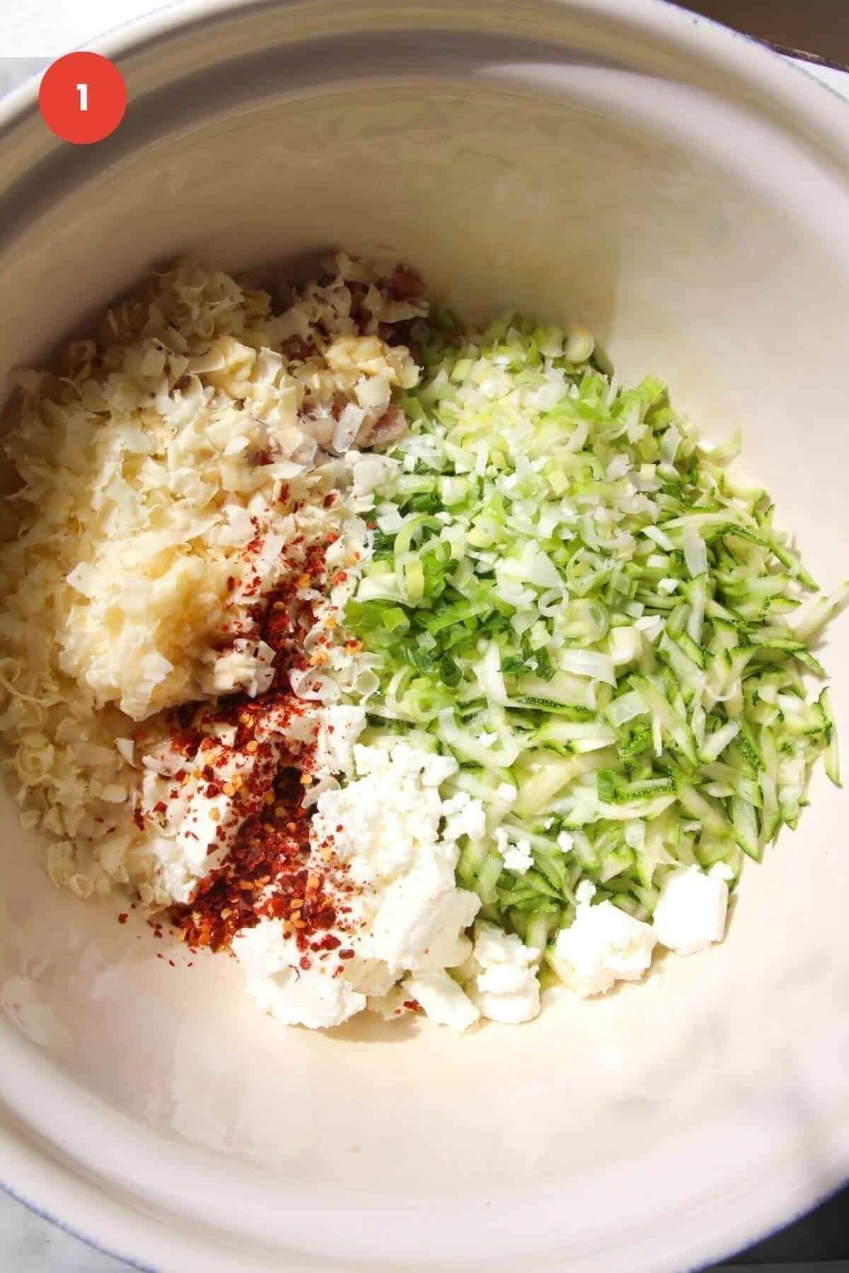 Ingredients for zucchini bread in mixing bowl.