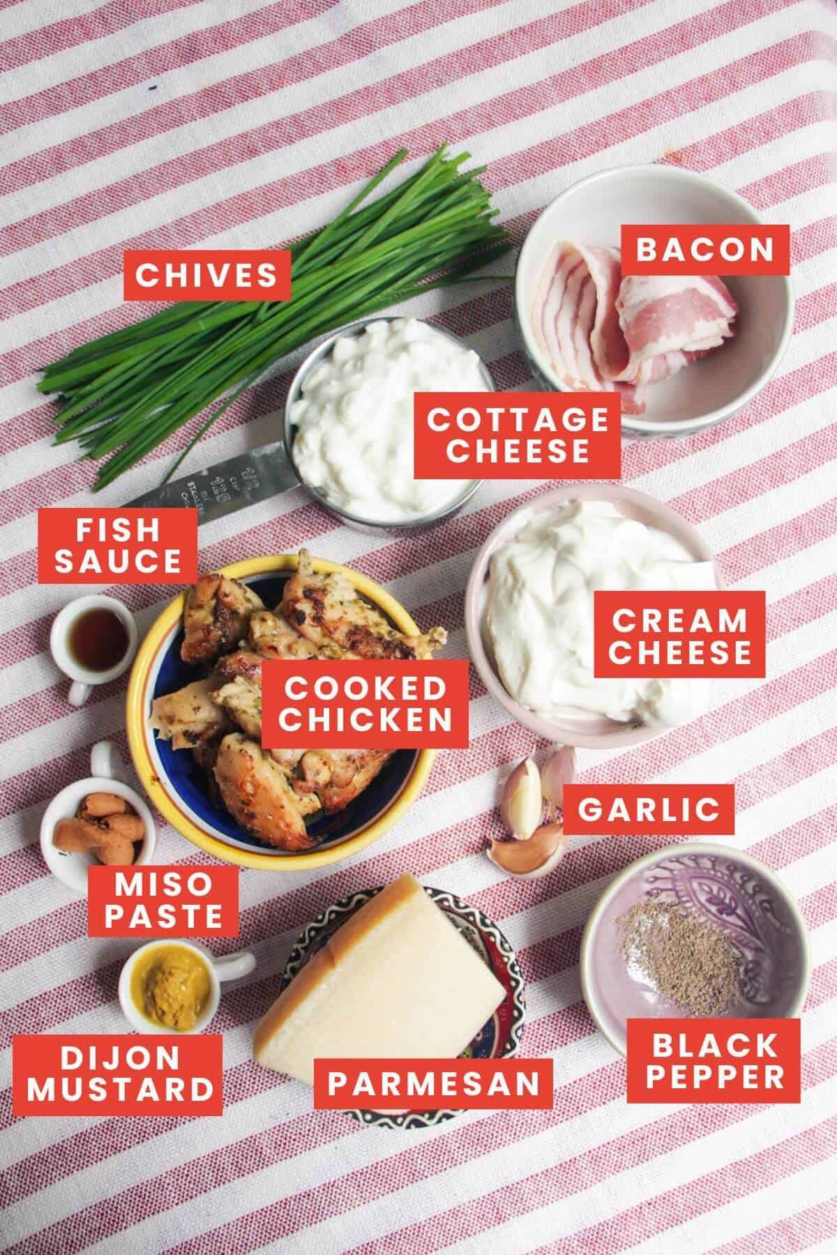 Ingredients for chicken Caesar dip laid out and labelled.