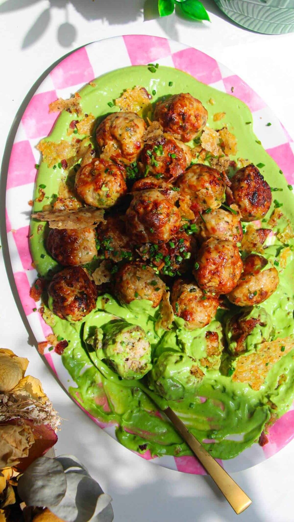 Chicken Caesar Meatballs with Green Goddess Caesar Sauce