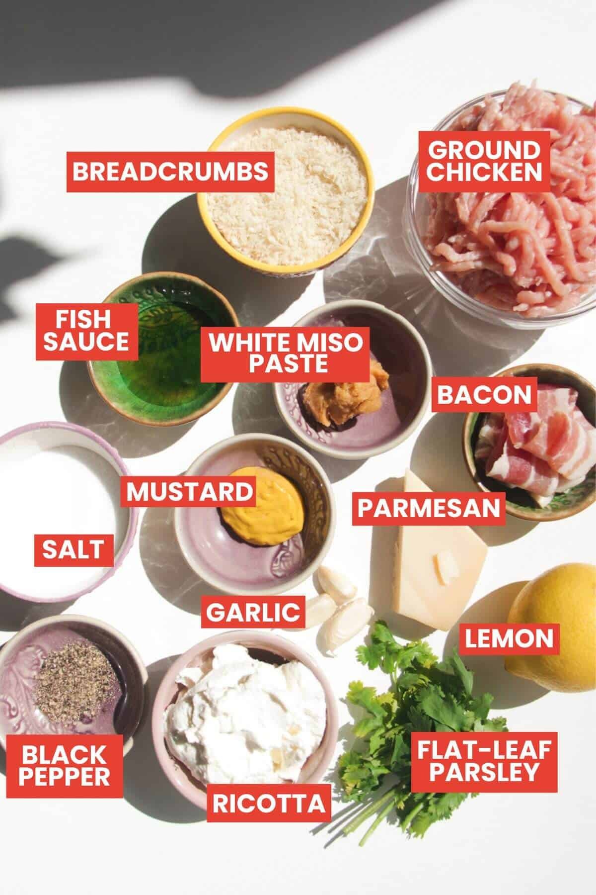 Ingredients for Caesar meatballs laid out and labelled.