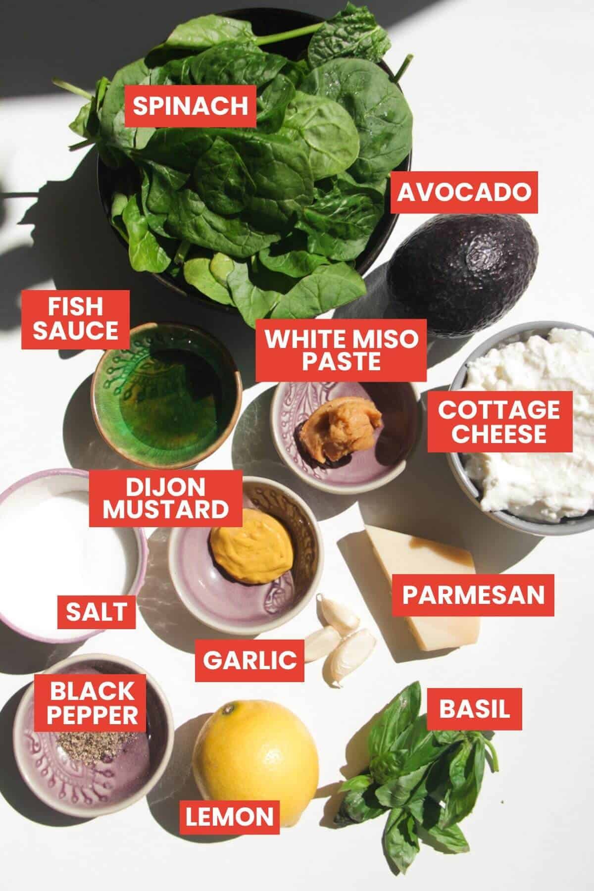 Ingredients for Caesar sauce laid out and labelled.