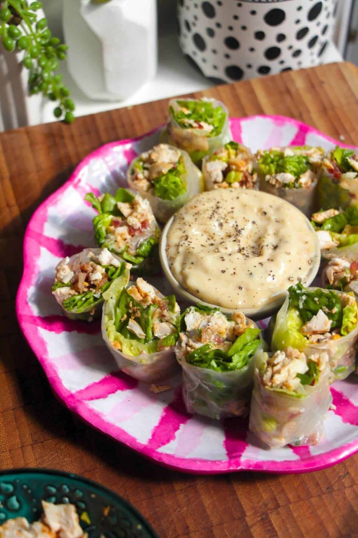 Chicken Caesar rice paper rolls on a pink and white plate.