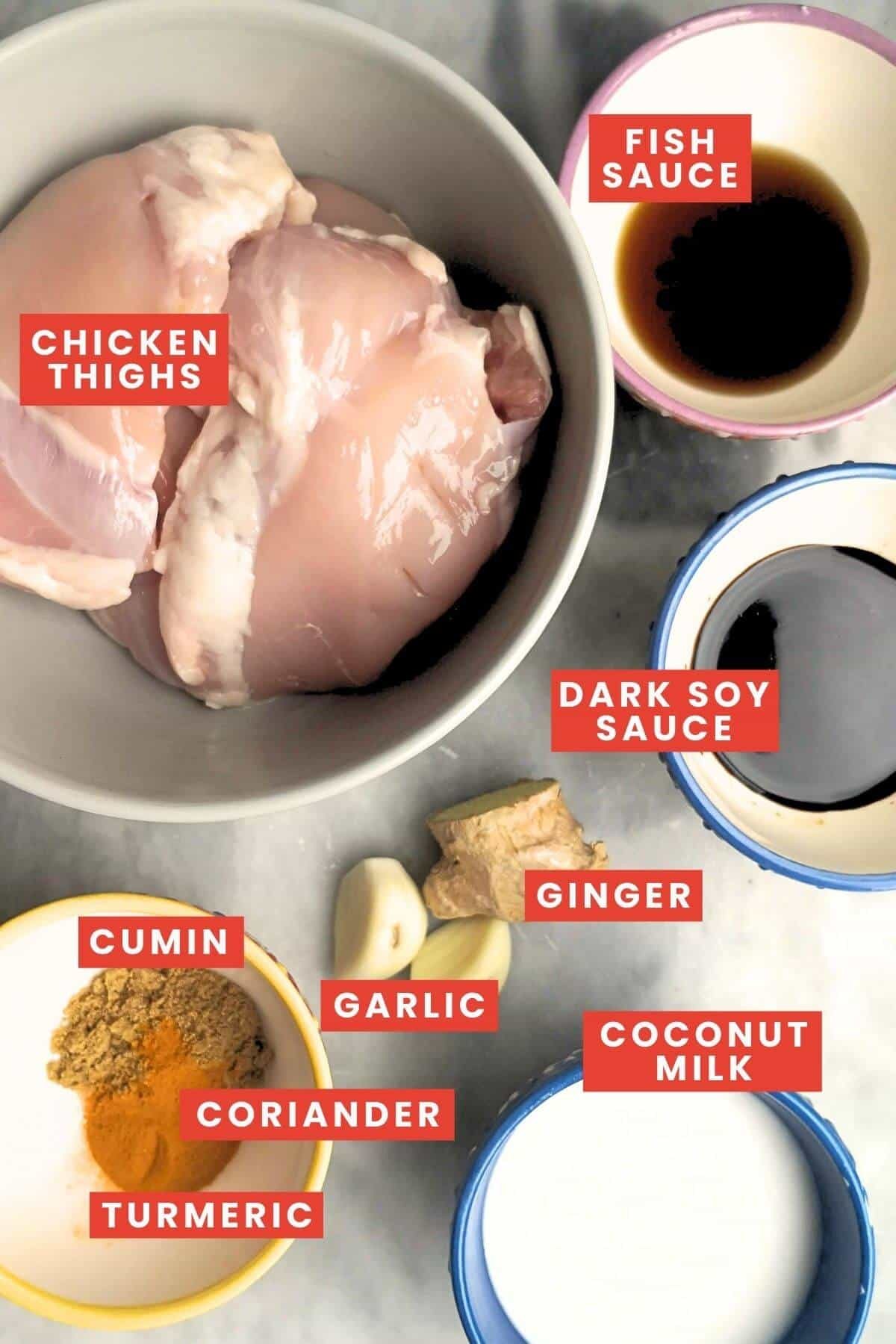 Ingredient for chicken satay, labelled and laid out on a marble bench.
