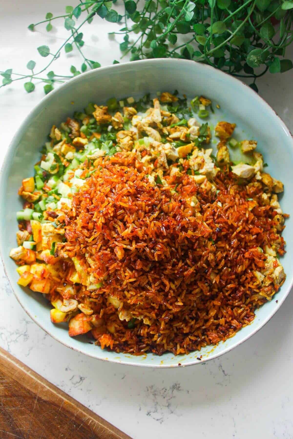 Crispy rice poured on top of chicken shawarma salad in a large bowl.