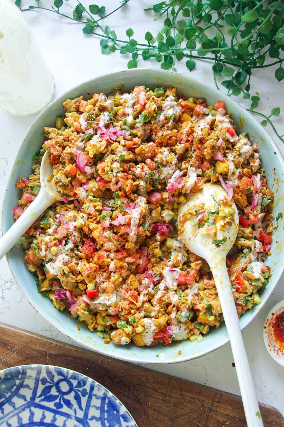 Chicken shawarma crispy rice salad in a serving bowl.