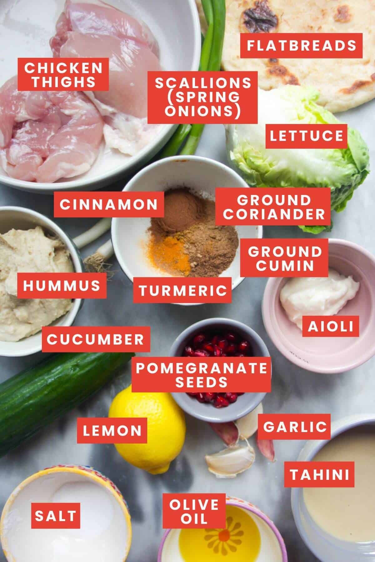 Ingredients for chicken shawarma wraps laid out on a grey marble background and labelled.