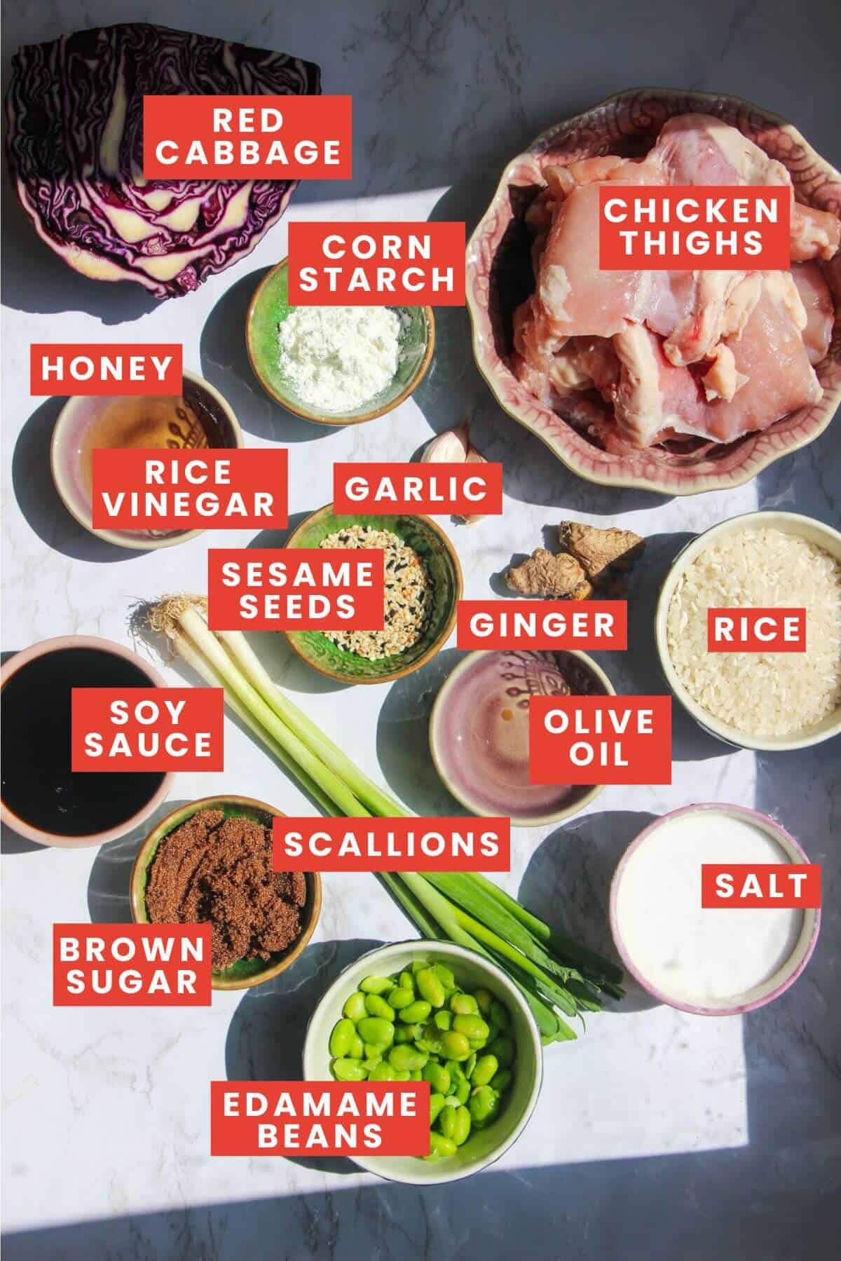 Ingredients for chicken teriyaki bowls laid out on a white marble background and labelled.
