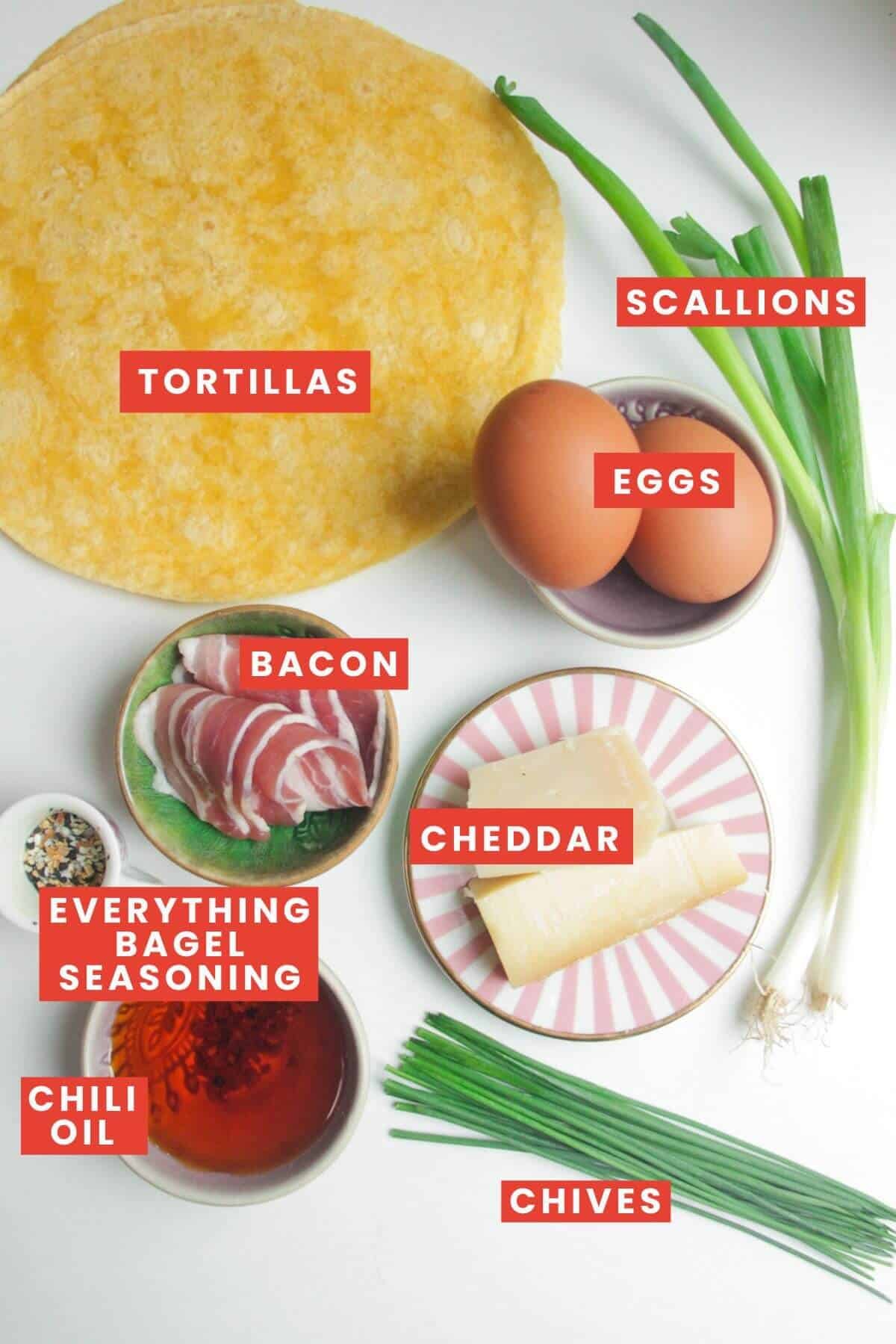 Ingredients for breakfast wraps laid out and labelled.
