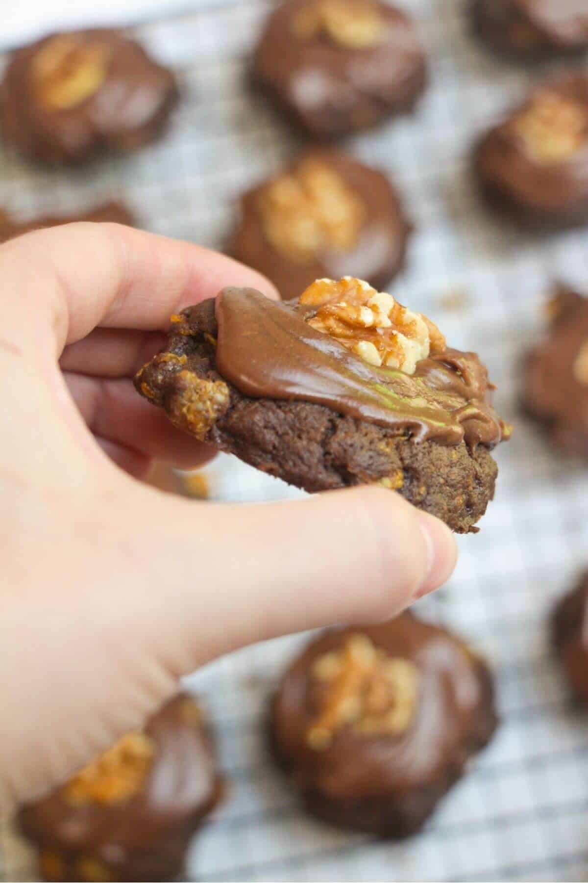 Side view of a hand holding up an iced chocolate Afghan biscuit.