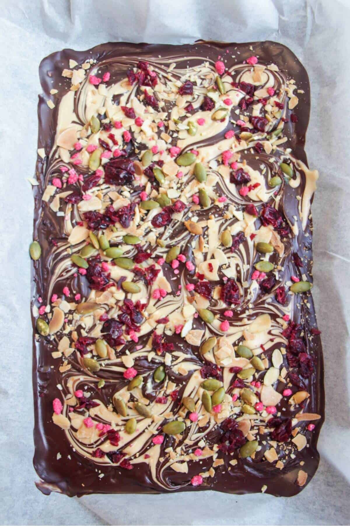 Slab of chocolate bark topped with dried cranberries, pumpkin seeds and almonds.