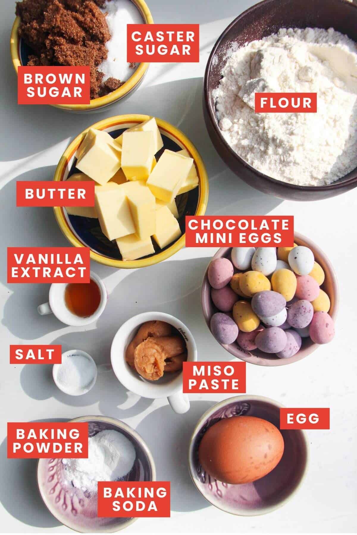 Ingredients for mini egg cookies laid out and labelled.