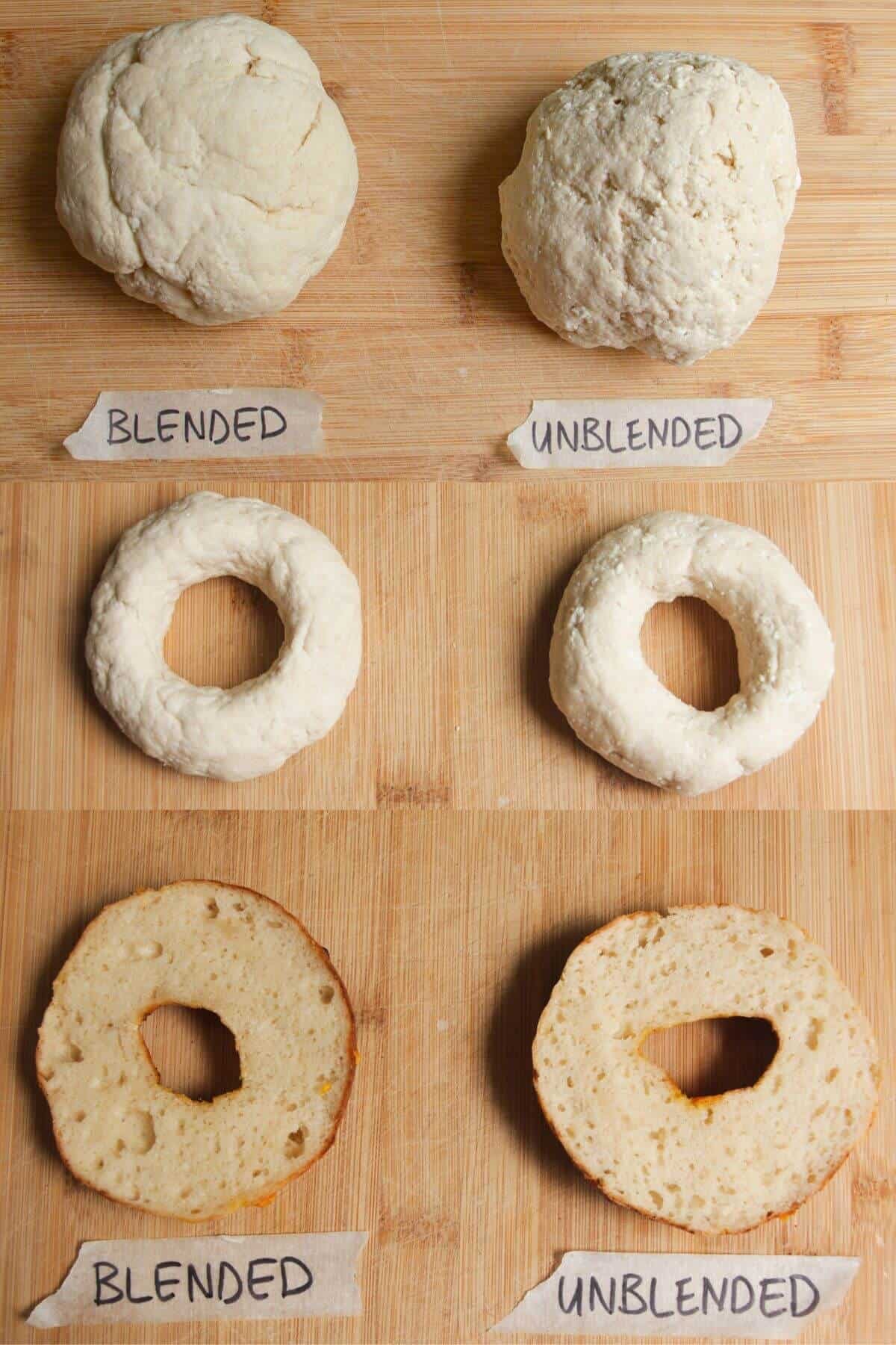Bagel dough compared on a wooden board.