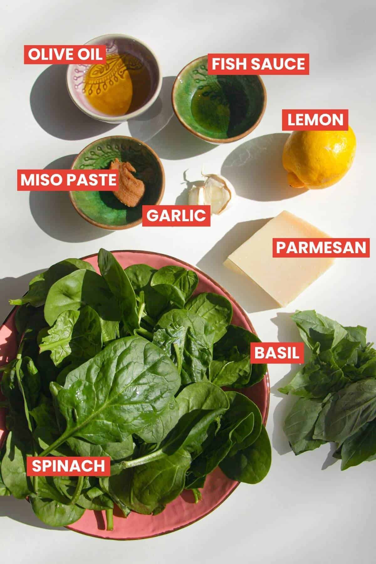 Ingredients for green goddess sauce laid out and labelled.