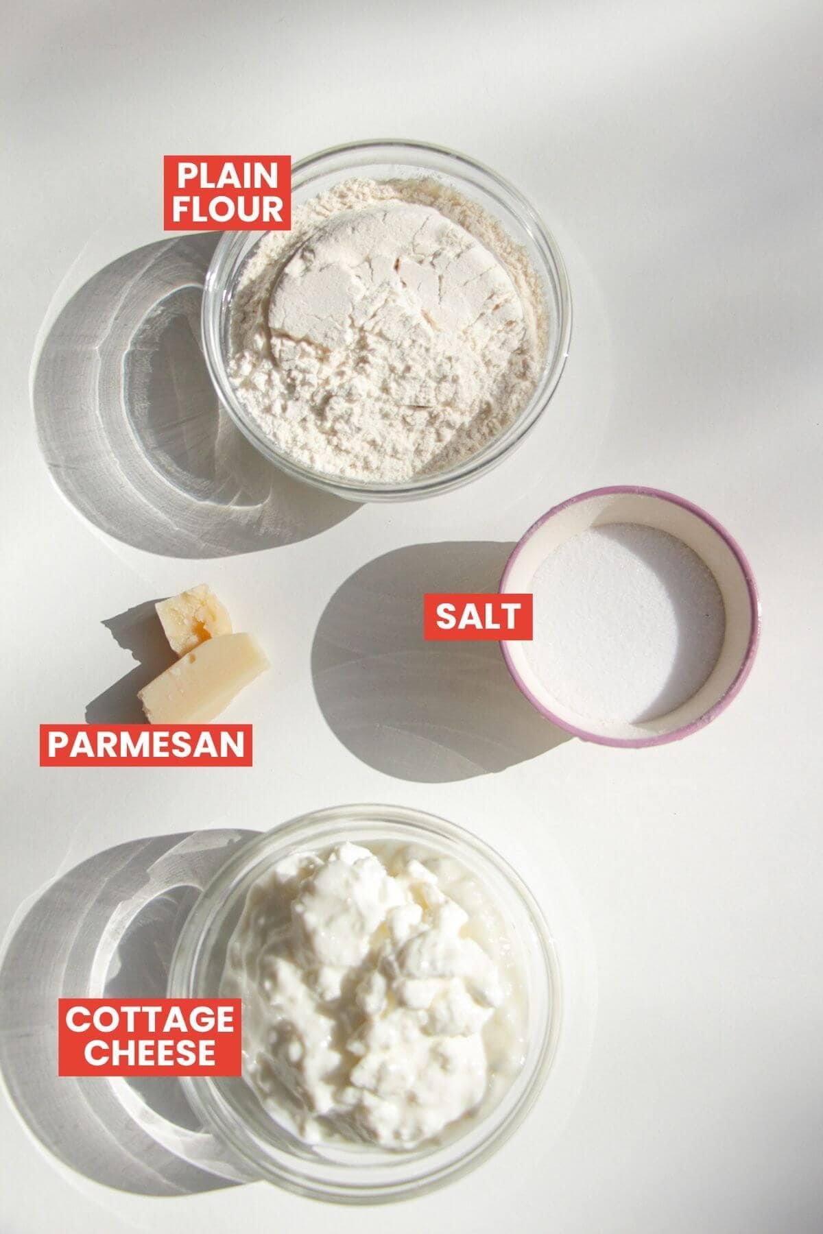 Ingredients for cottage cheese gnocchi laid out and labelled.