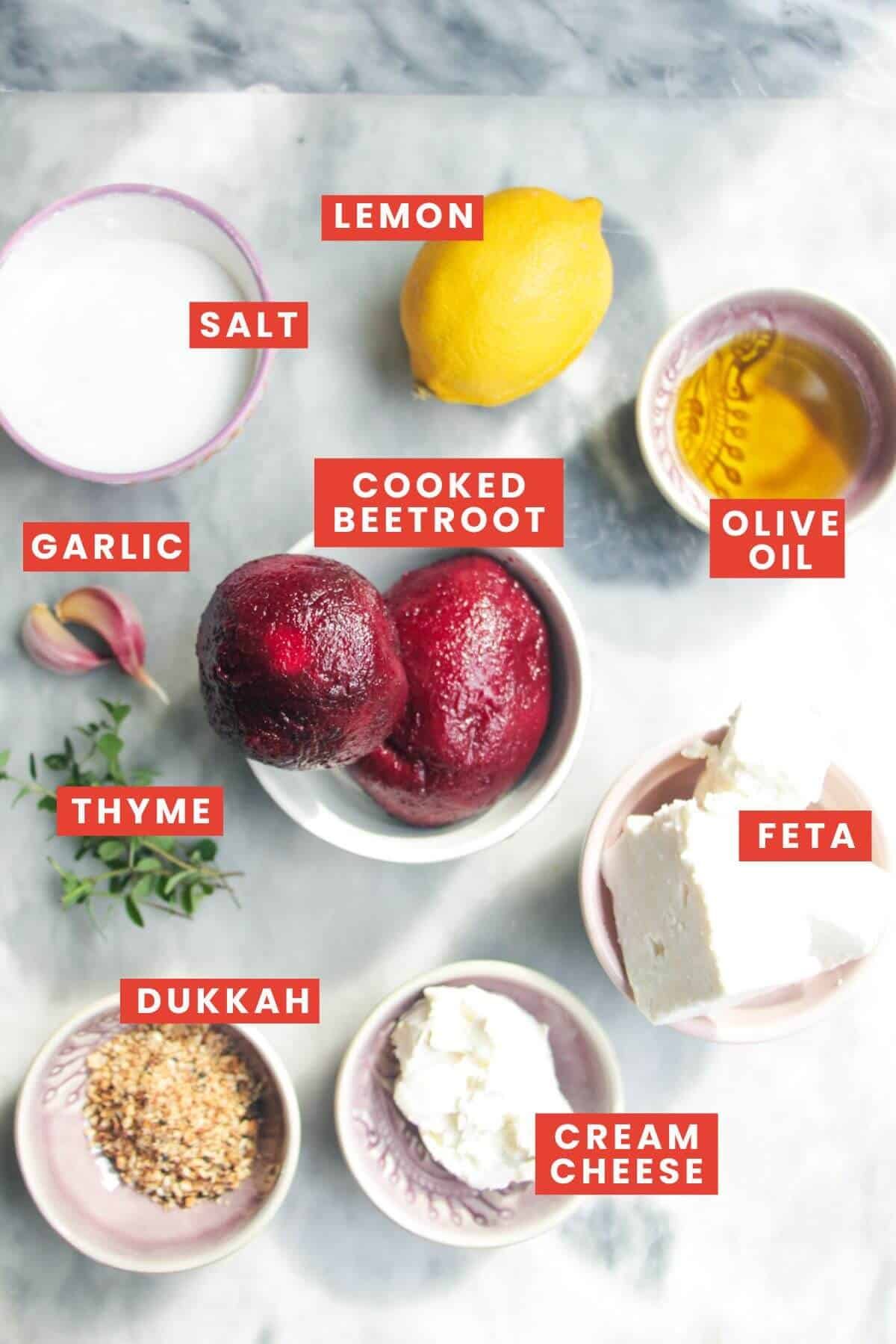 Ingredients for beetroot dip laid out on a grey marble background and labelled.