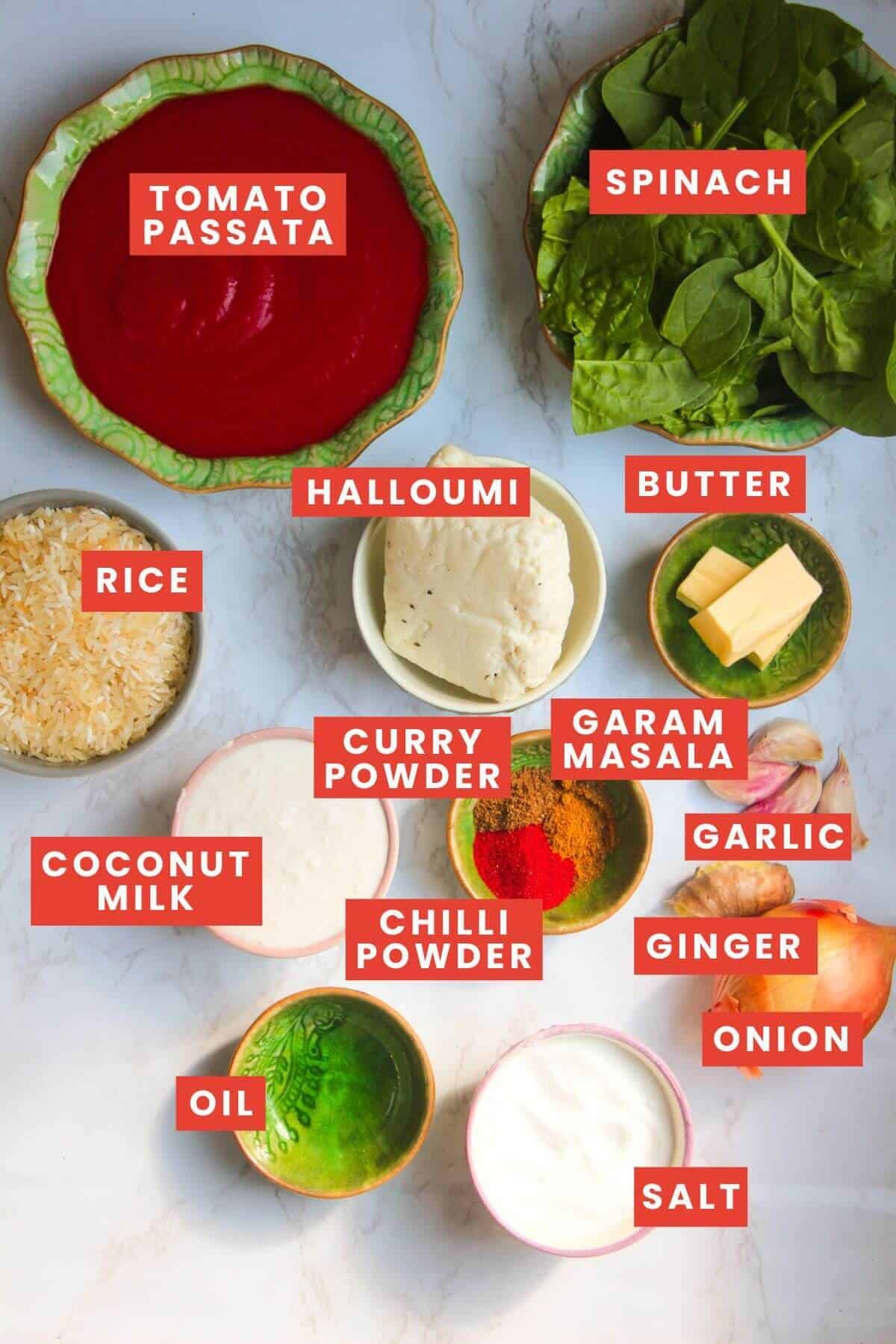 Ingredients for halloumi curry laid out on a white marble background and labelled.