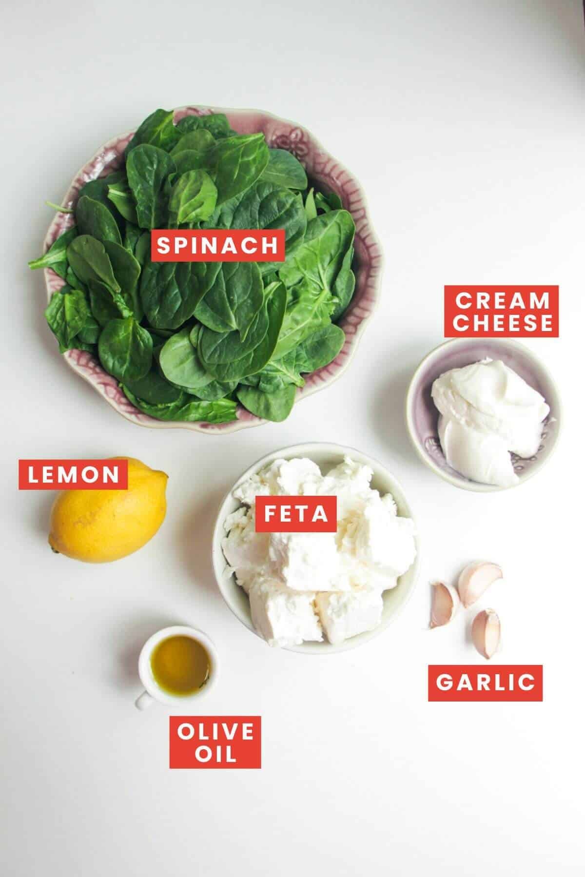 Ingredients for spinach feta dip laid out and labelled.