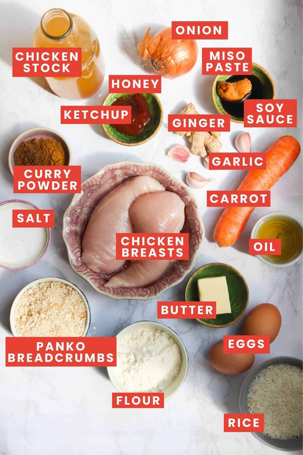 Ingredients for chicken katsu curry laid out on a white marble background and labelled.
