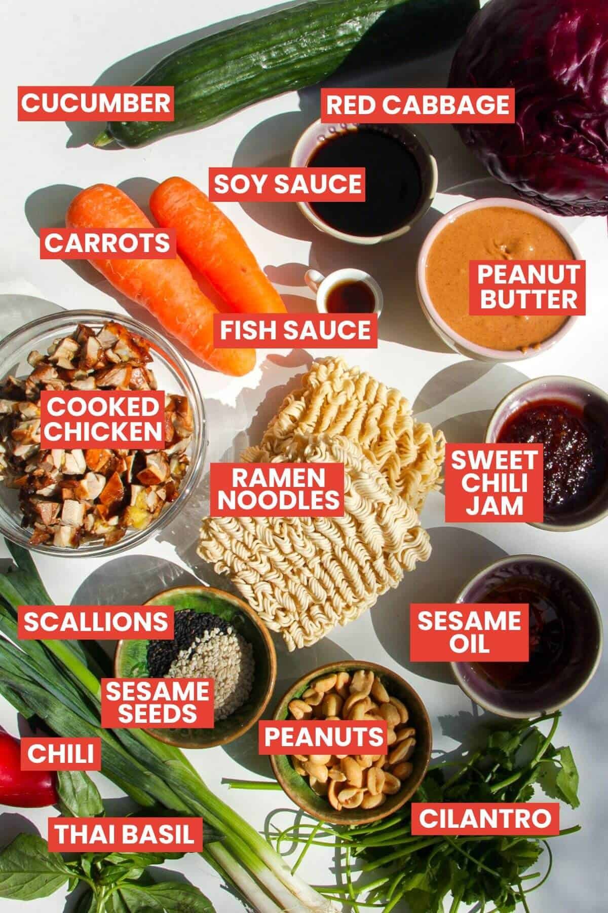Ingredients for crispy ramen salad laid out and labelled.