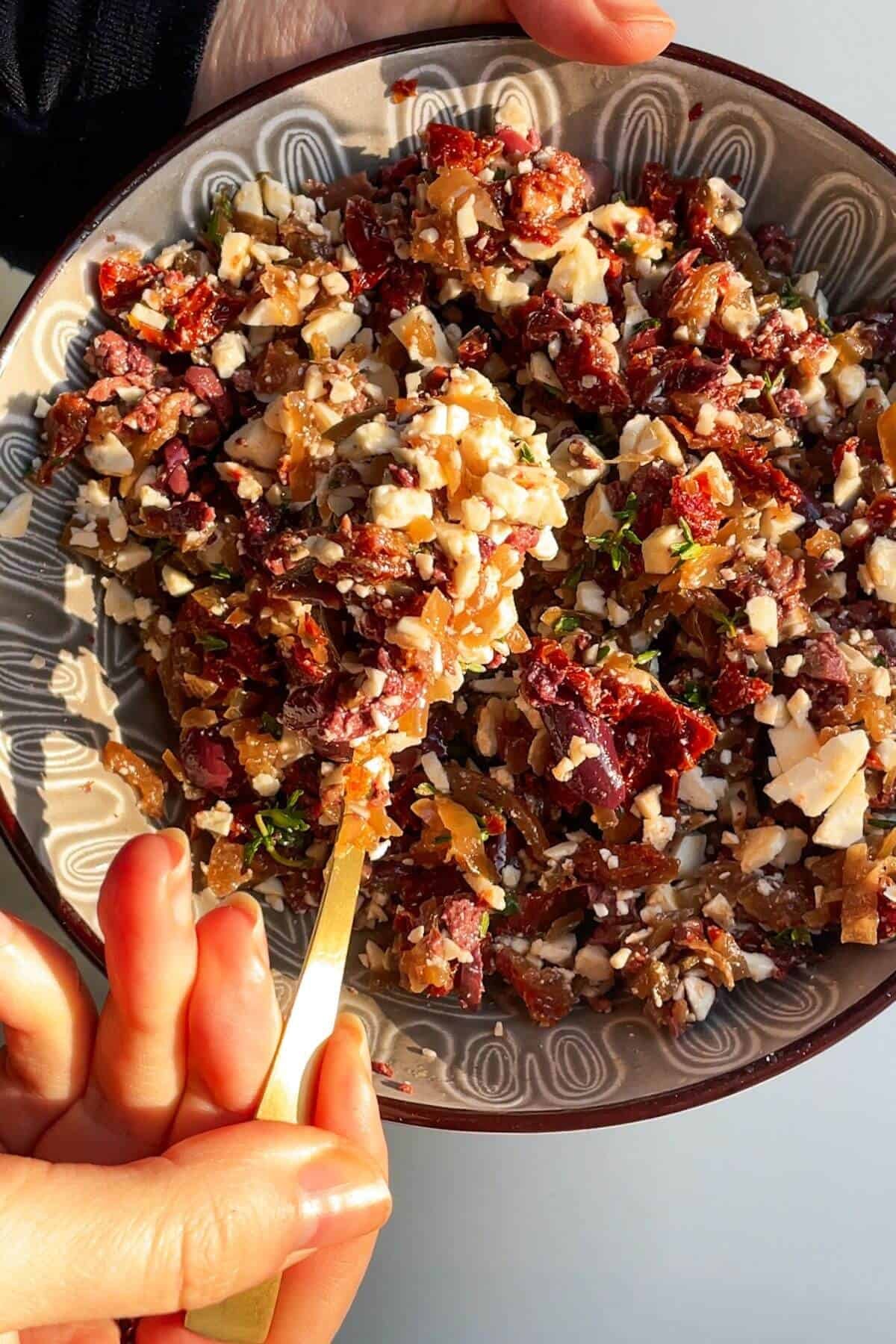 Antipasti filling mixed in a small bowl.