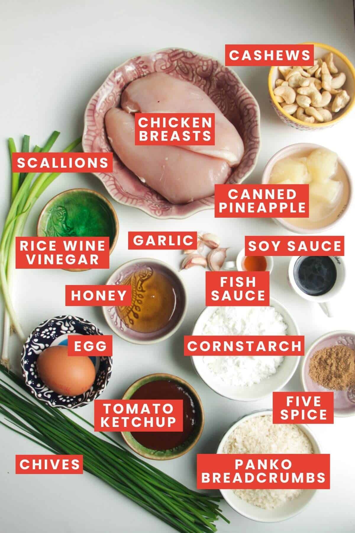 Ingredients for sweet and sour chicken laid out and labelled.