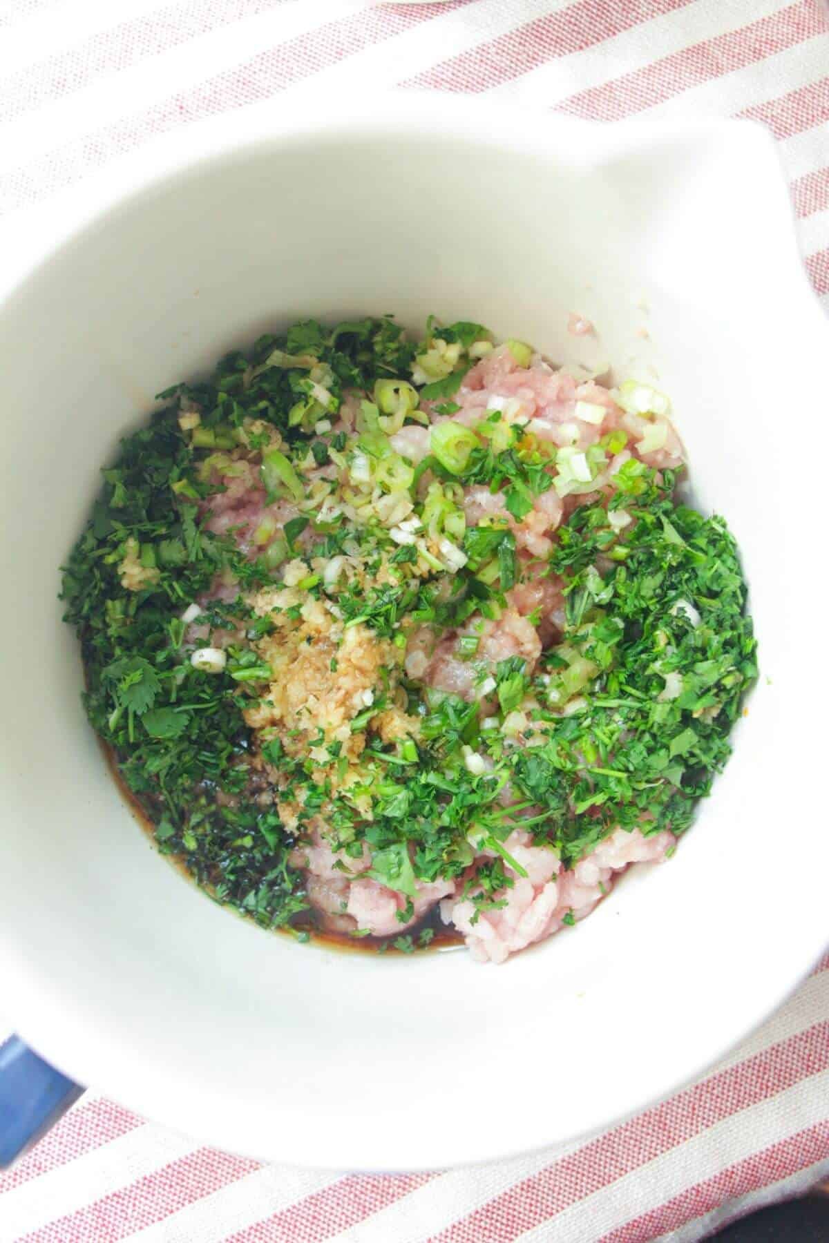 Ingredients for dumpling patties in a small mixing bowl.