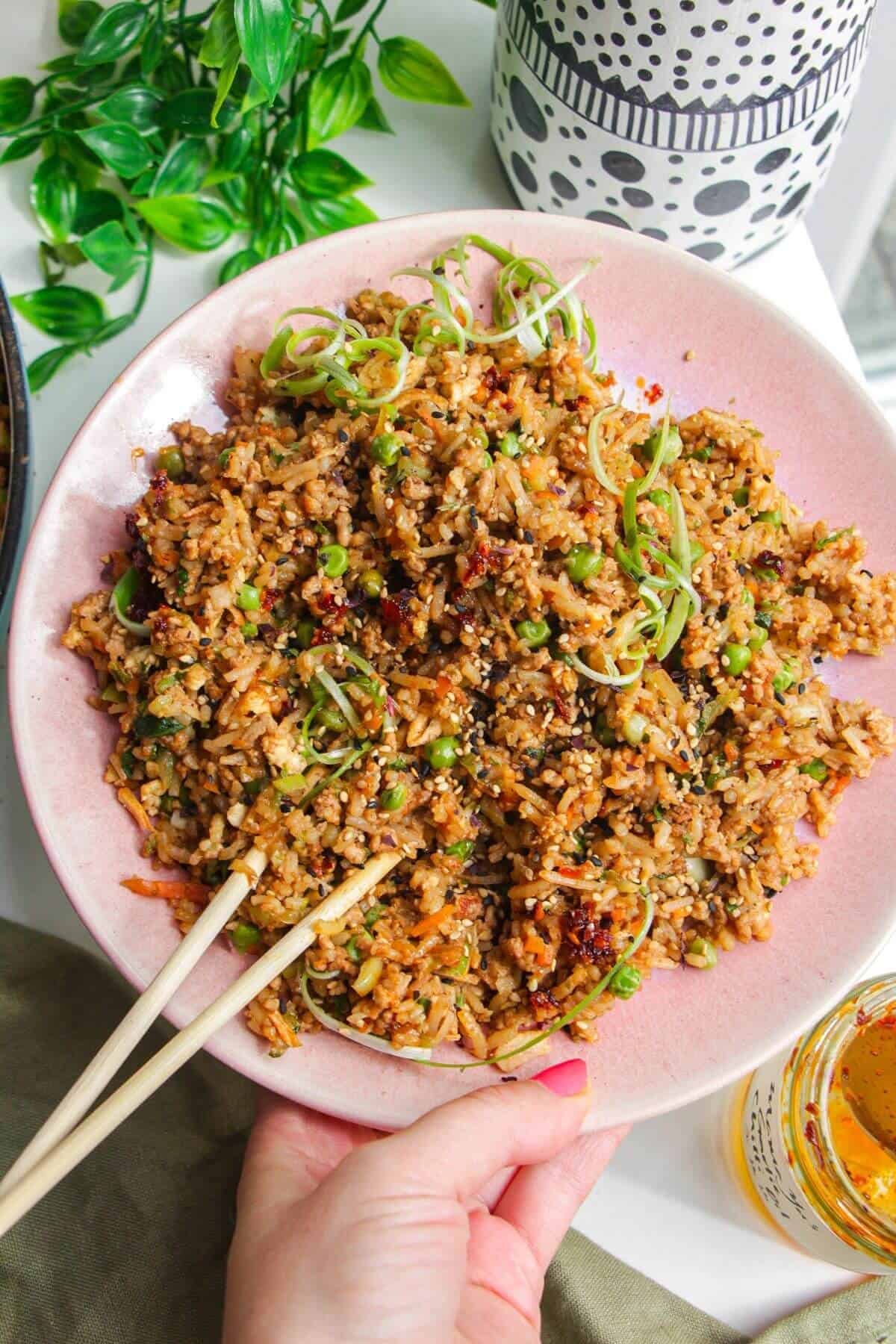 Holding a plate of dumpling inspired fried rice.